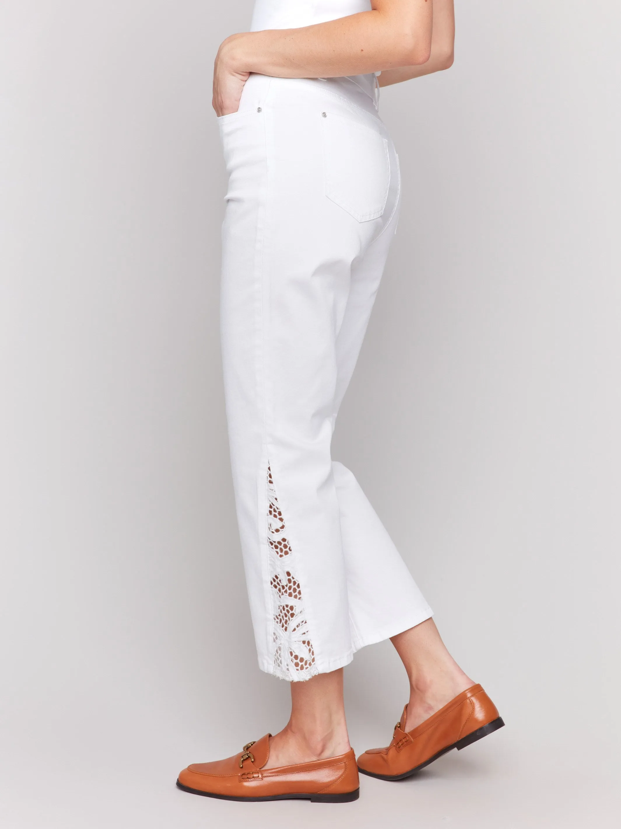 Lace Cut Side Bootcut Twill Pants - White Minimalist Design Modern Traveler Gear Sunny Vibes