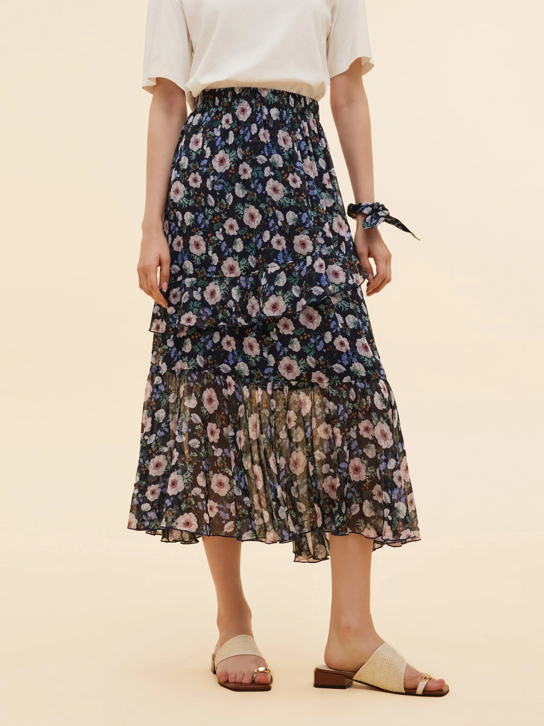 Sophisticated Mood 10MM Mulberry Silk Floral Print Women Tiered Skirt