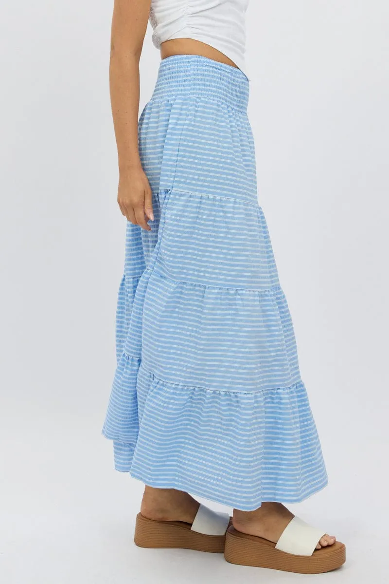 Creative Layering Smooth Motion Blue Stripe Maxi Skirt Shirred Waist Tiered Relaxed Fit