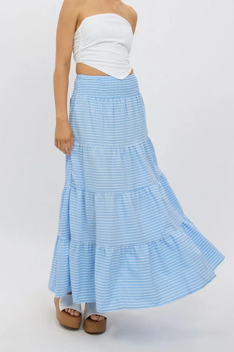 Casual Feel Sporty Edge Blue Stripe Maxi Skirt Shirred Waist Tiered Relaxed Fit