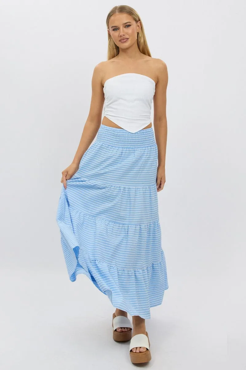 Blue Stripe Maxi Skirt Shirred Waist Tiered Relaxed Fit Soft Lining Daily Fashion