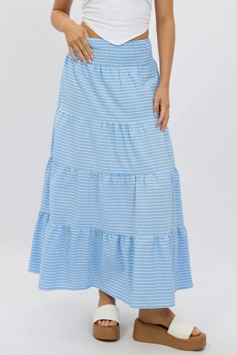 Blue Stripe Maxi Skirt Shirred Waist Tiered Relaxed Fit Durable Stitching