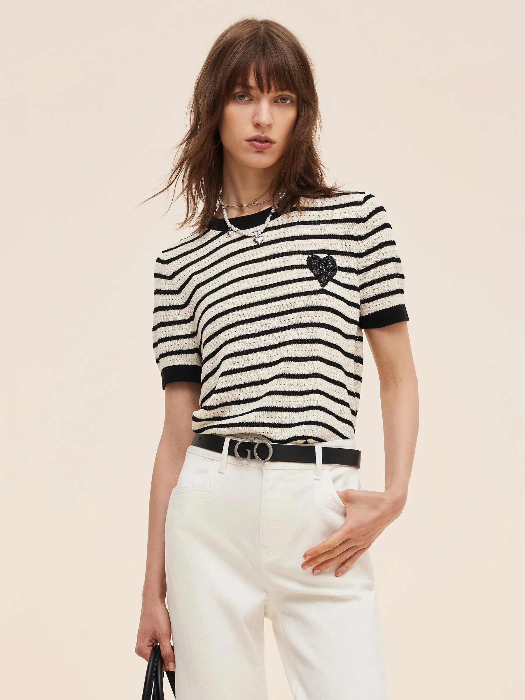 100% Cotton Stripe Women Openwork Knit T-Shirt Easy Layering Simple Yet Elegant