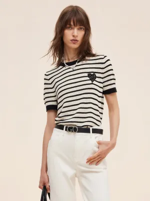 100% Cotton Stripe Women Openwork Knit T-Shirt Oeko Tex Certified Pullover