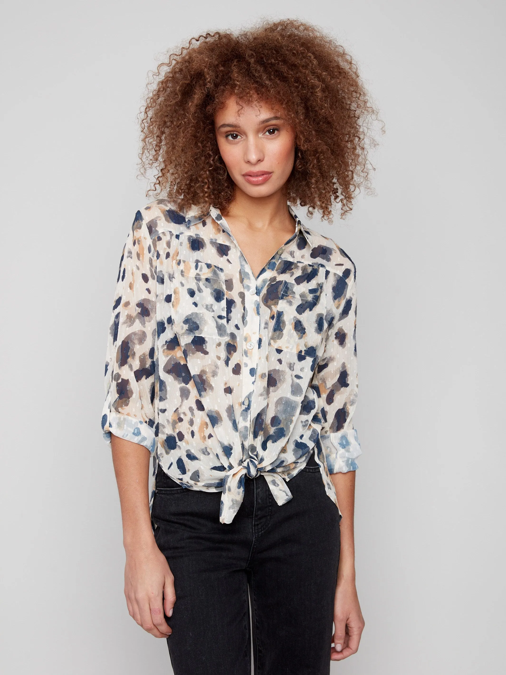 Soft Pants Printed Button-Up Blouse - Animal