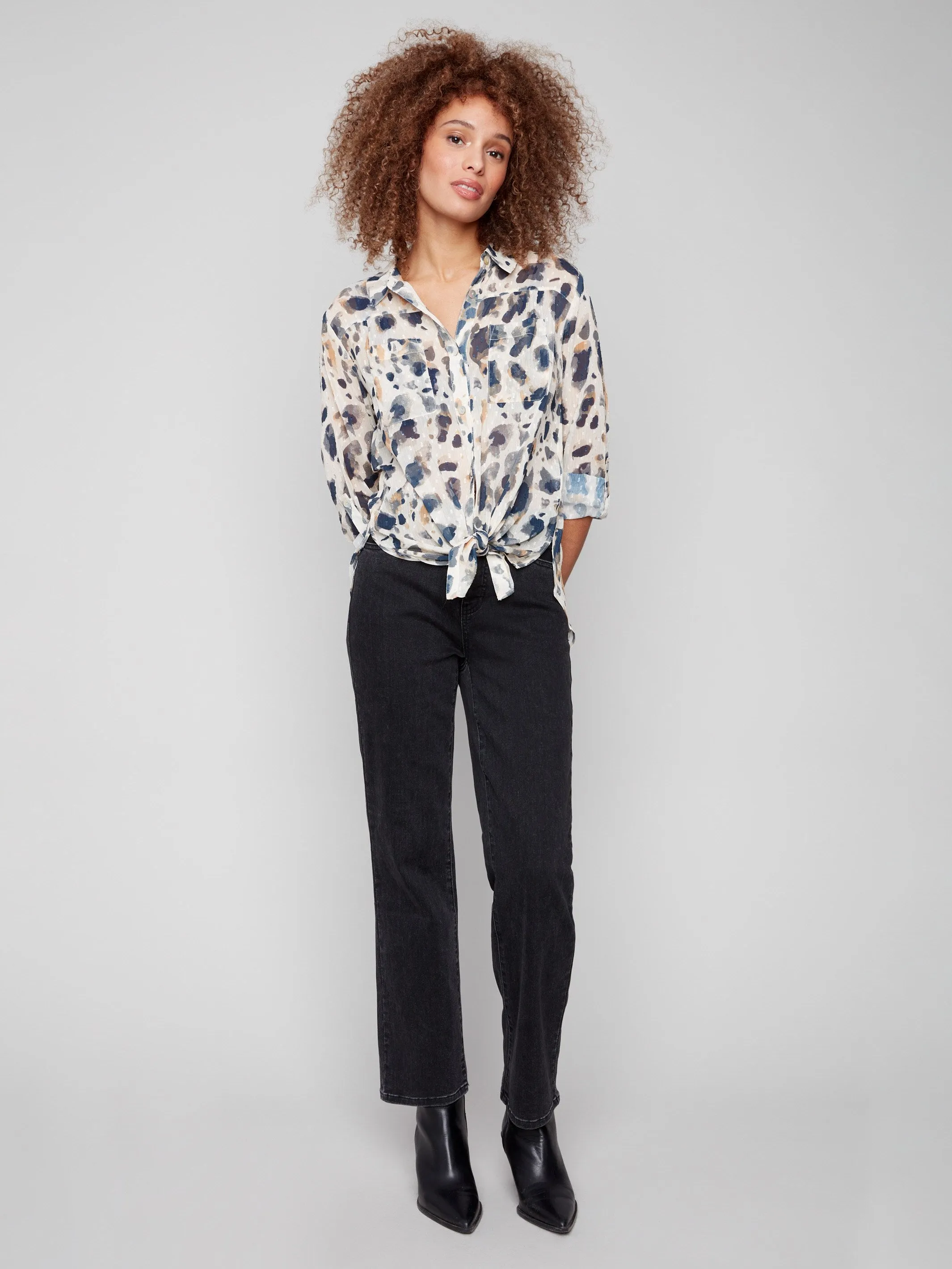 Printed Button-Up Blouse - Animal LightweightInsulation