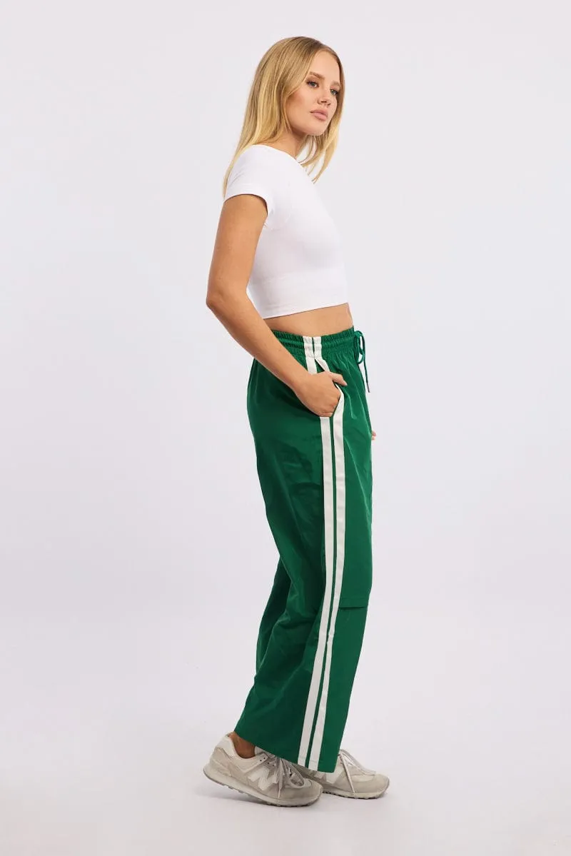 Green Track Pants Side Stripe Low Profile Fasteners Sporty Comfort Wear