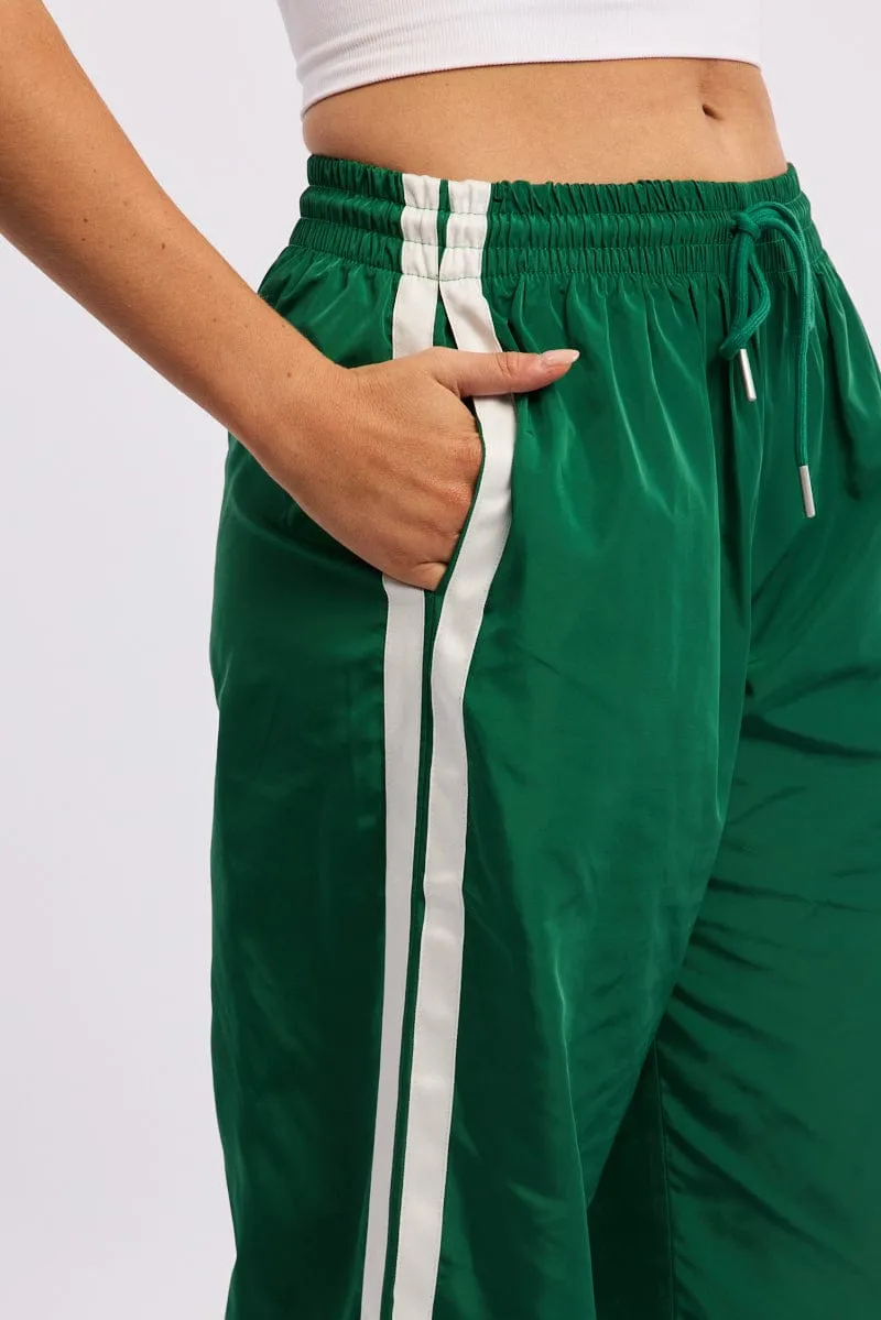 Contoured Panel Design Green Track Pants Side Stripe
