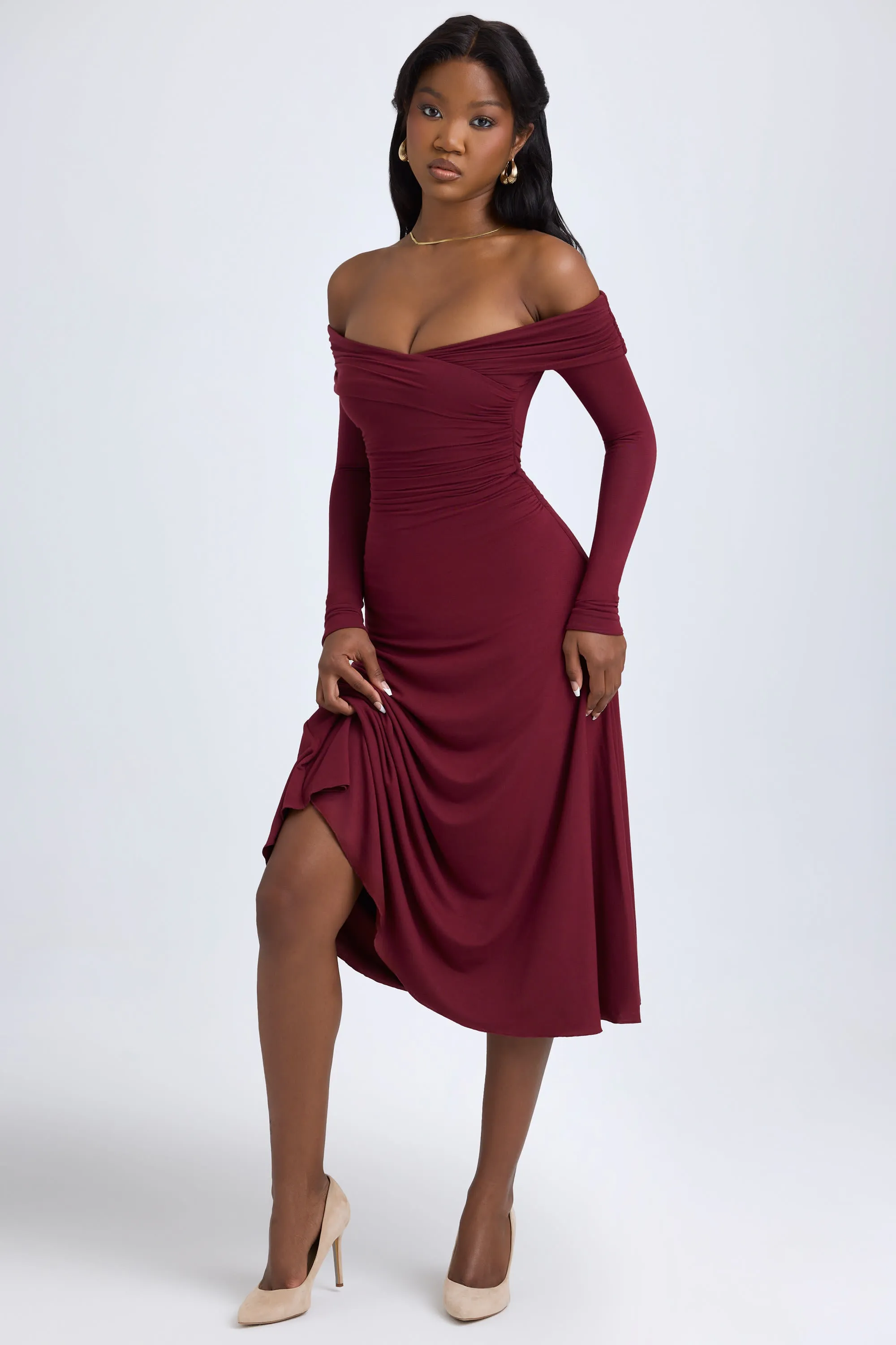 Modal Off-Shoulder Ruched Midaxi Dress in Wine Red NonIrritating Thick Fiber