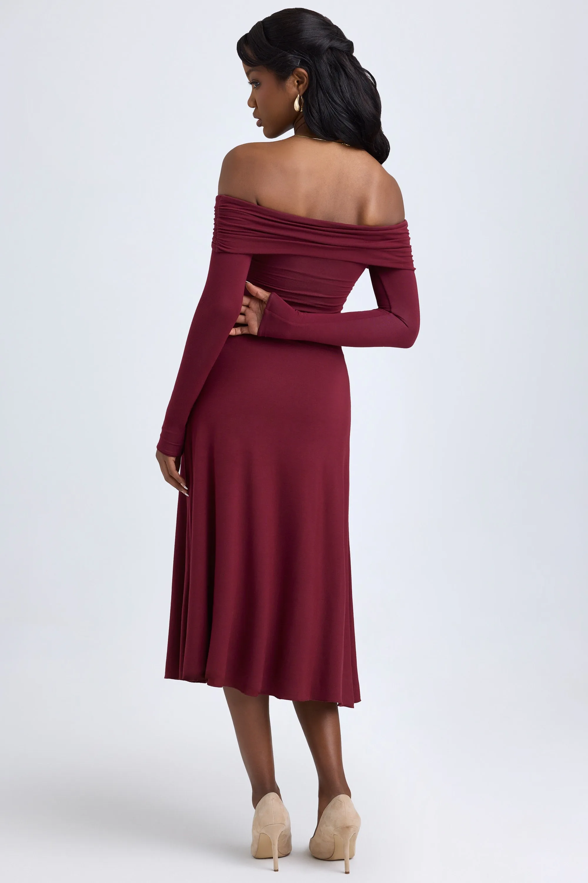 Modal Off-Shoulder Ruched Midaxi Dress in Wine Red Fall Core