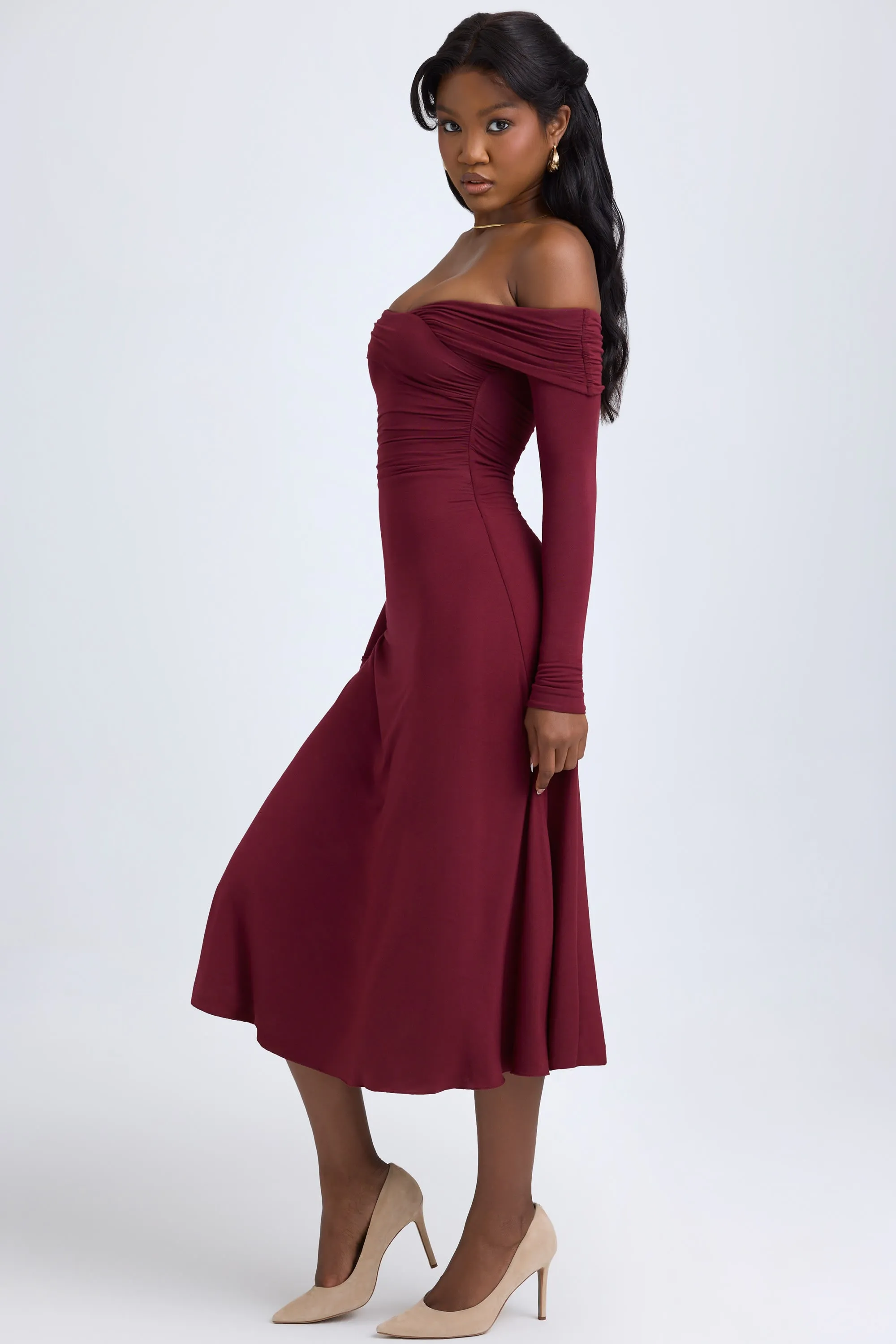 Modal Off-Shoulder Ruched Midaxi Dress in Wine Red StainlessZippers