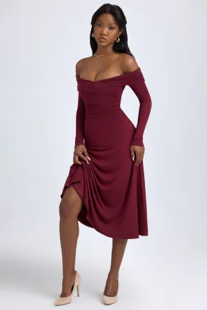 Modal Off-Shoulder Ruched Midaxi Dress in Wine Red NonIrritating Thick Fiber