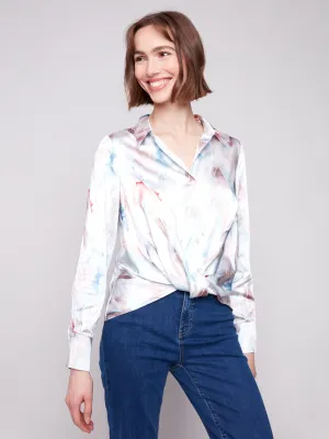 Air Move Ice Fit Printed Satin Button-Down Shirt With Twisted Front - Chevron