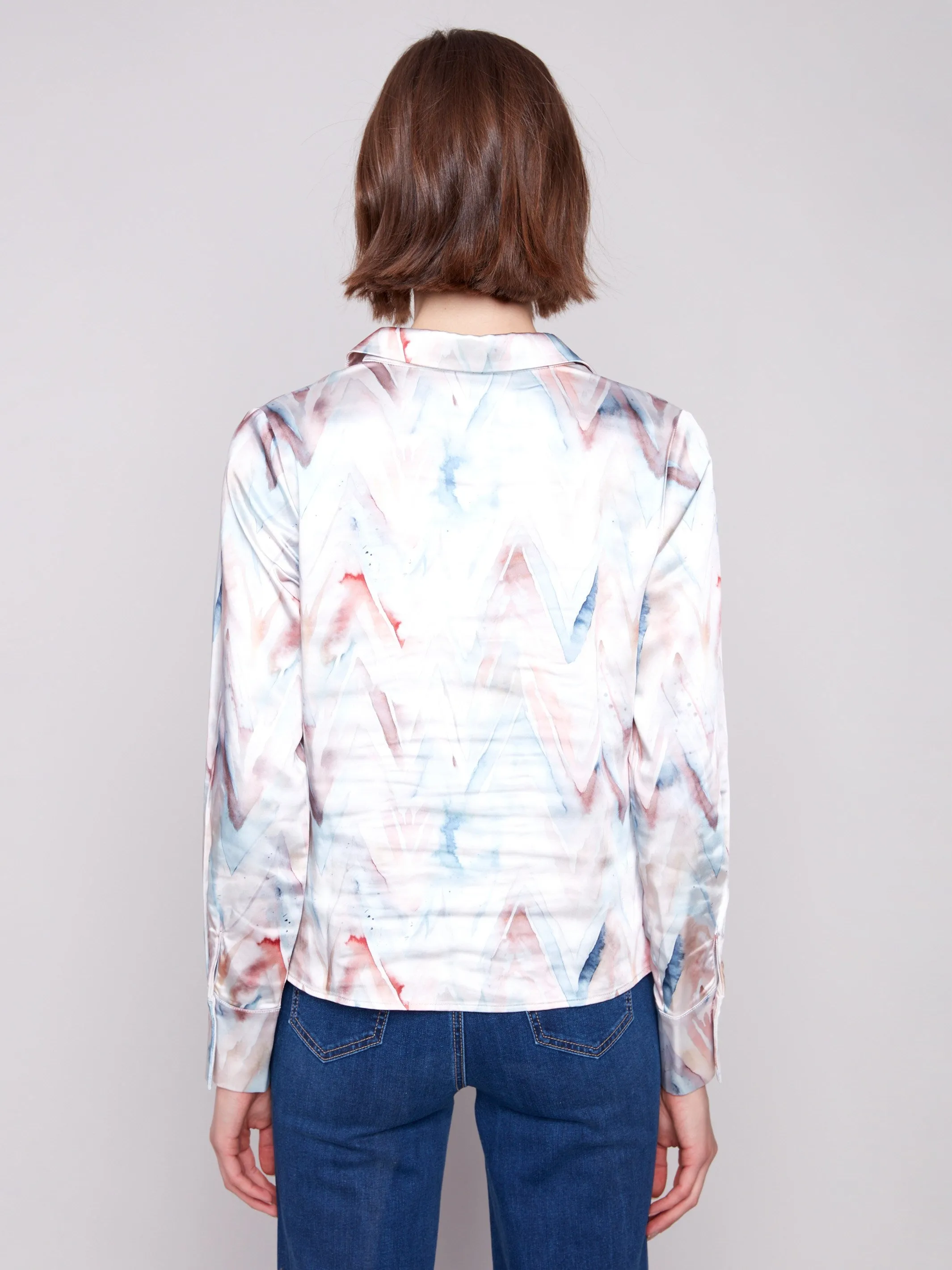 High-Waisted Pants Stylish Jacket Printed Satin Button-Down Shirt With Twisted Front - Chevron
