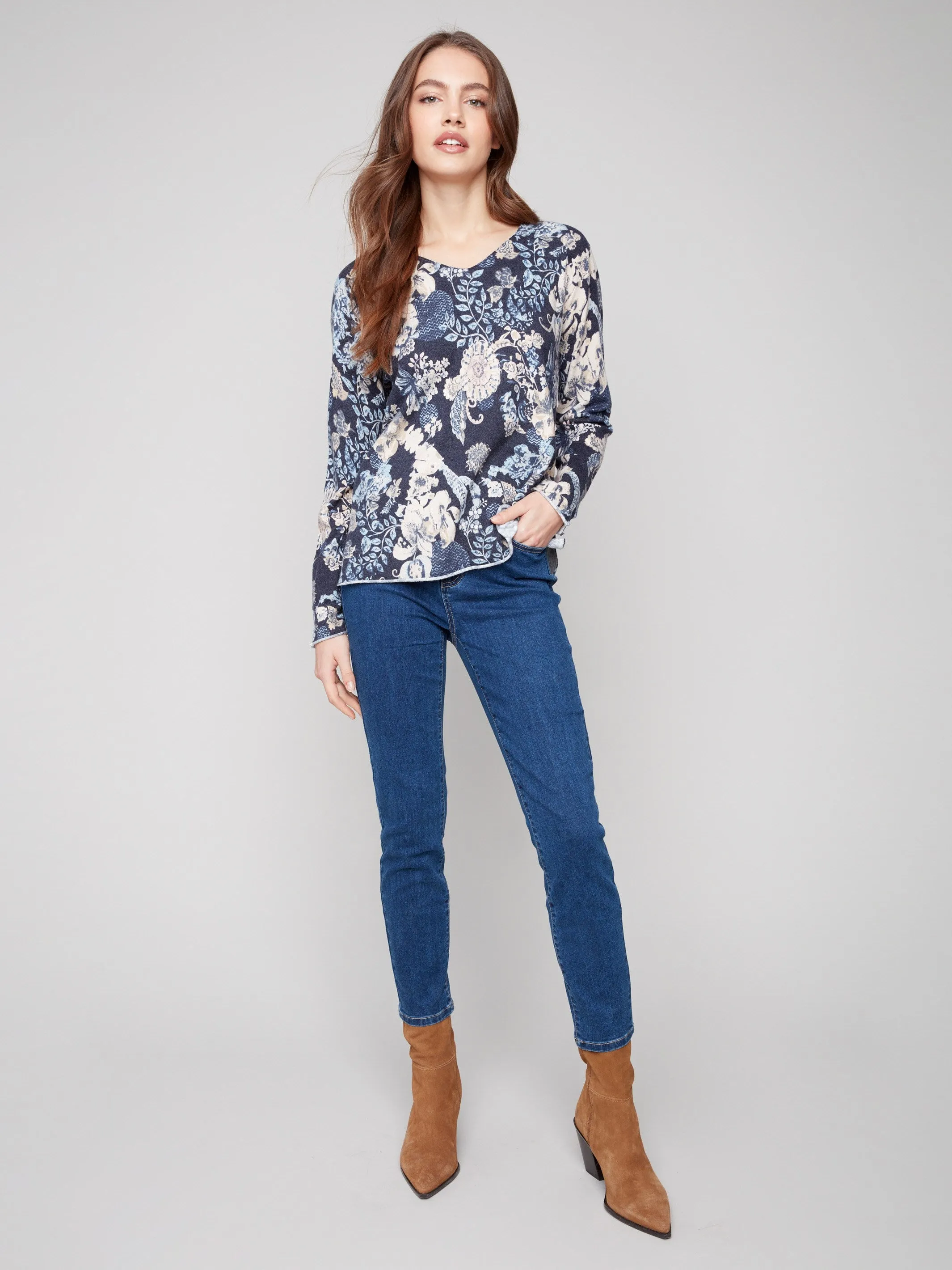 All Day Comfort Fit Printed V-Neck Sweater - Posh