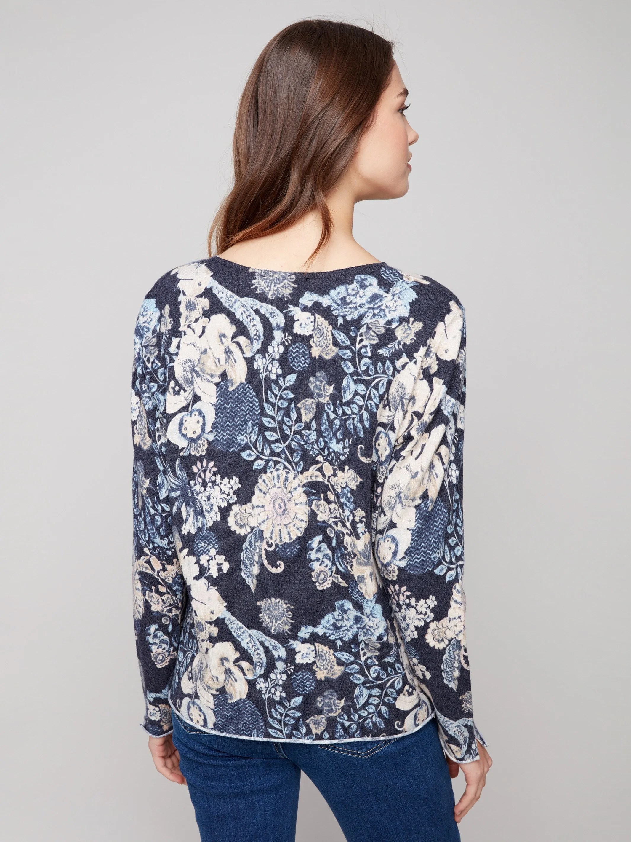 Printed V-Neck Sweater - Posh Drop Shoulder Design