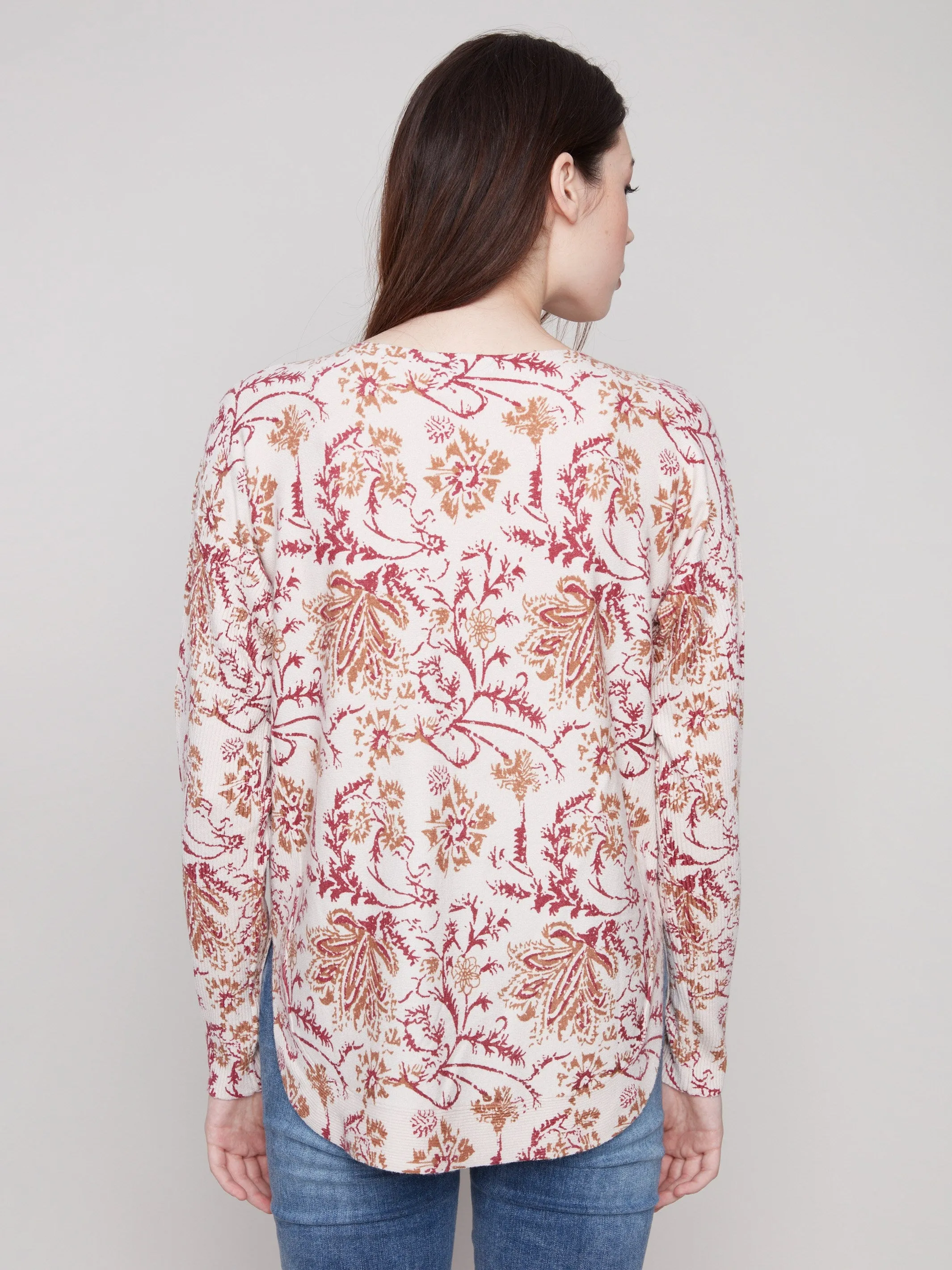 Printed Rounded Hem Sweater - Calico Versatile Wear Reinforced Shoulder Design