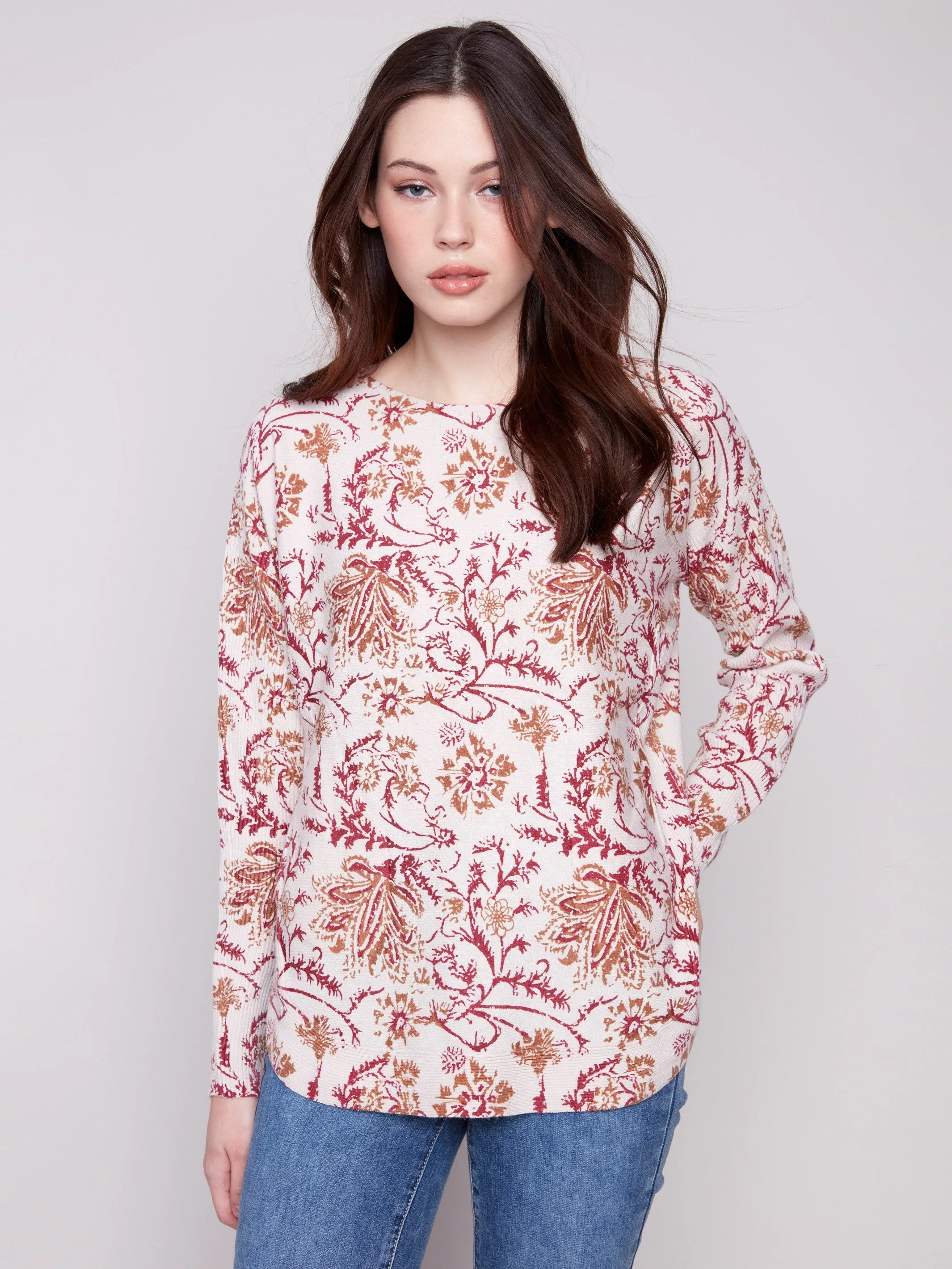 Cozy Basics Premium Comfort Printed Rounded Hem Sweater - Calico