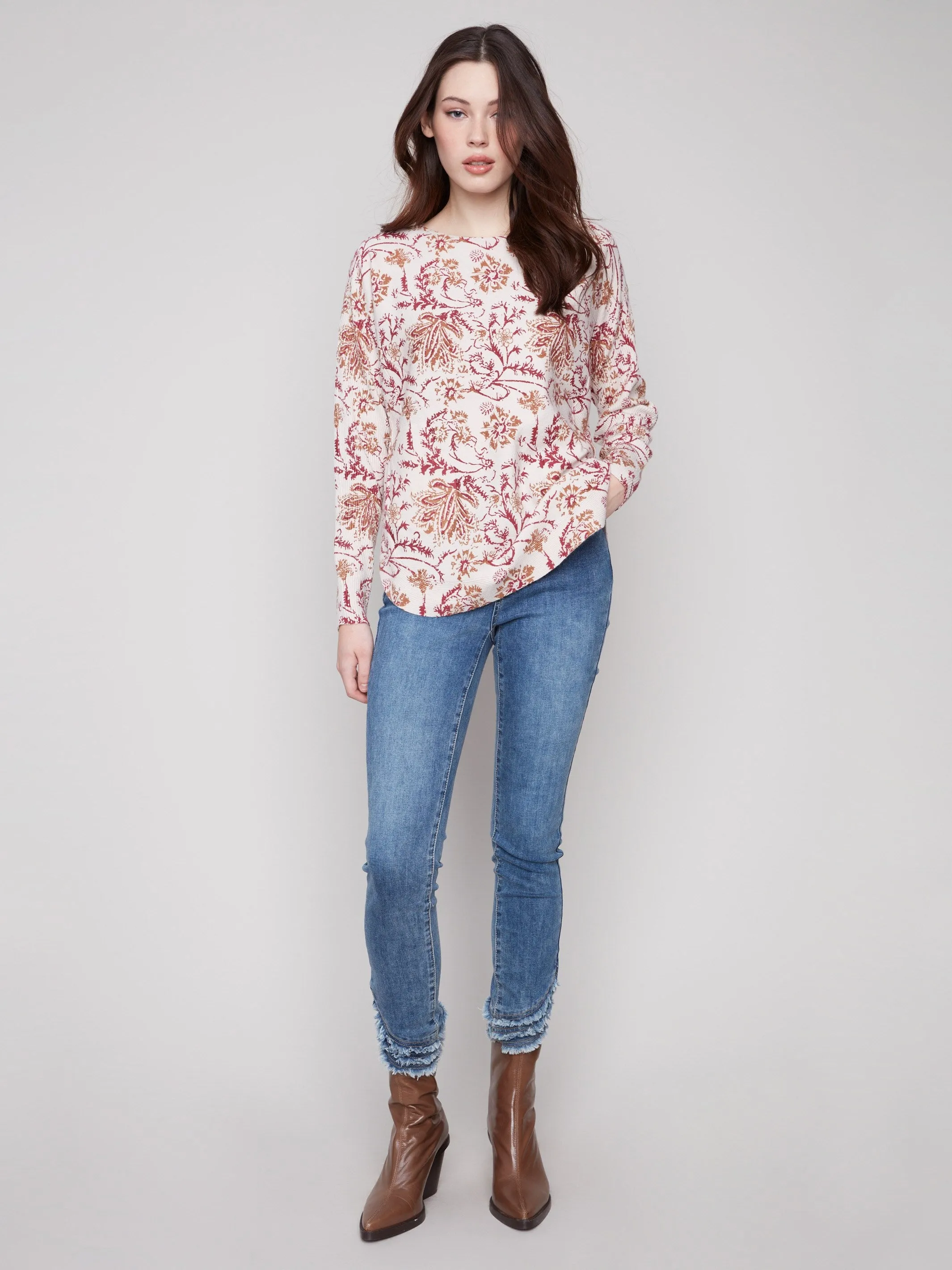 Warm design Lightweight Thermal Printed Rounded Hem Sweater - Calico