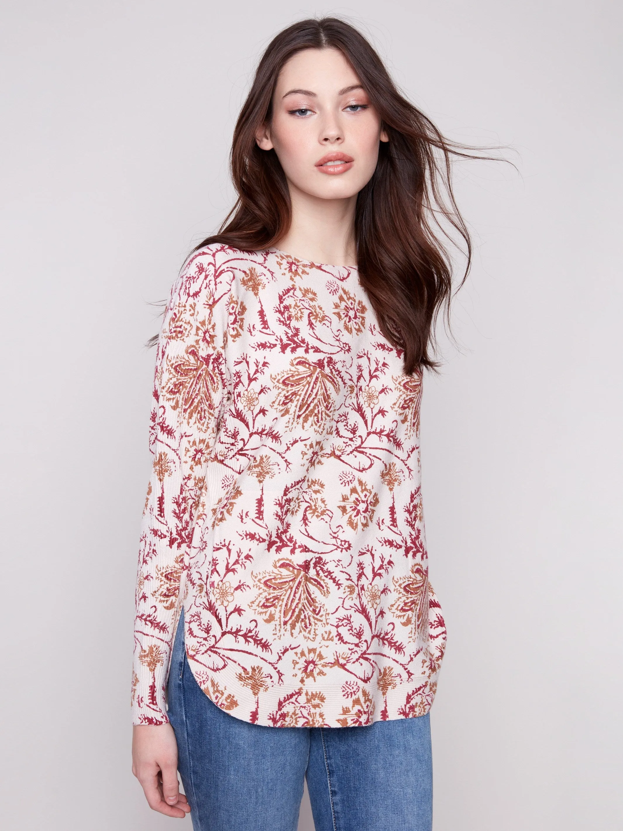 Printed Rounded Hem Sweater - Calico Cozy Texture