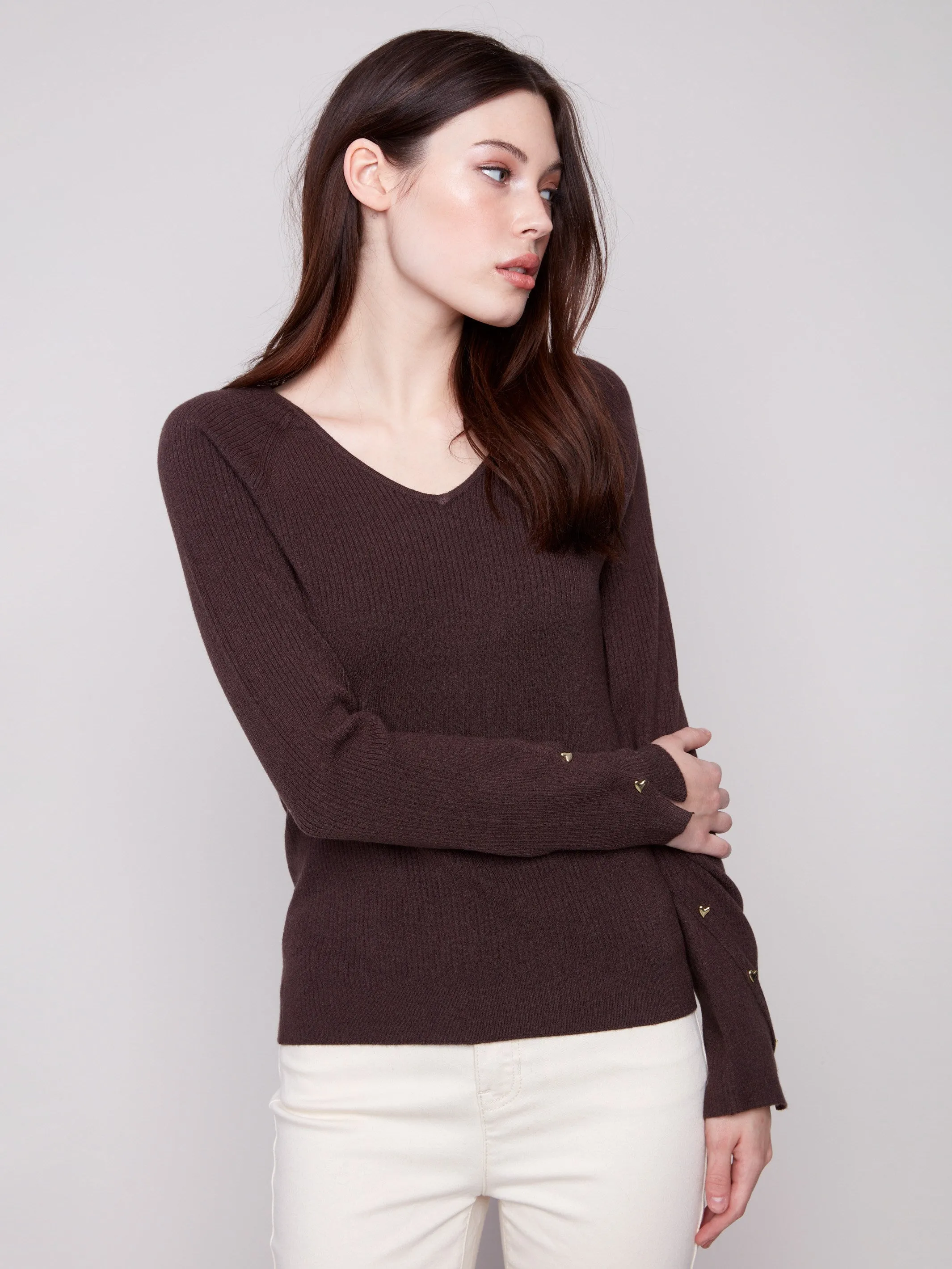 Relaxed Layers Fine Gauge Knit Ribbed V-Neck Sweater With Heart Rivets - Mocha