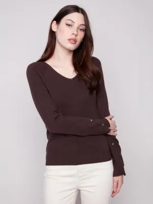 Ribbed V-Neck Sweater With Heart Rivets - Mocha Loose Weave