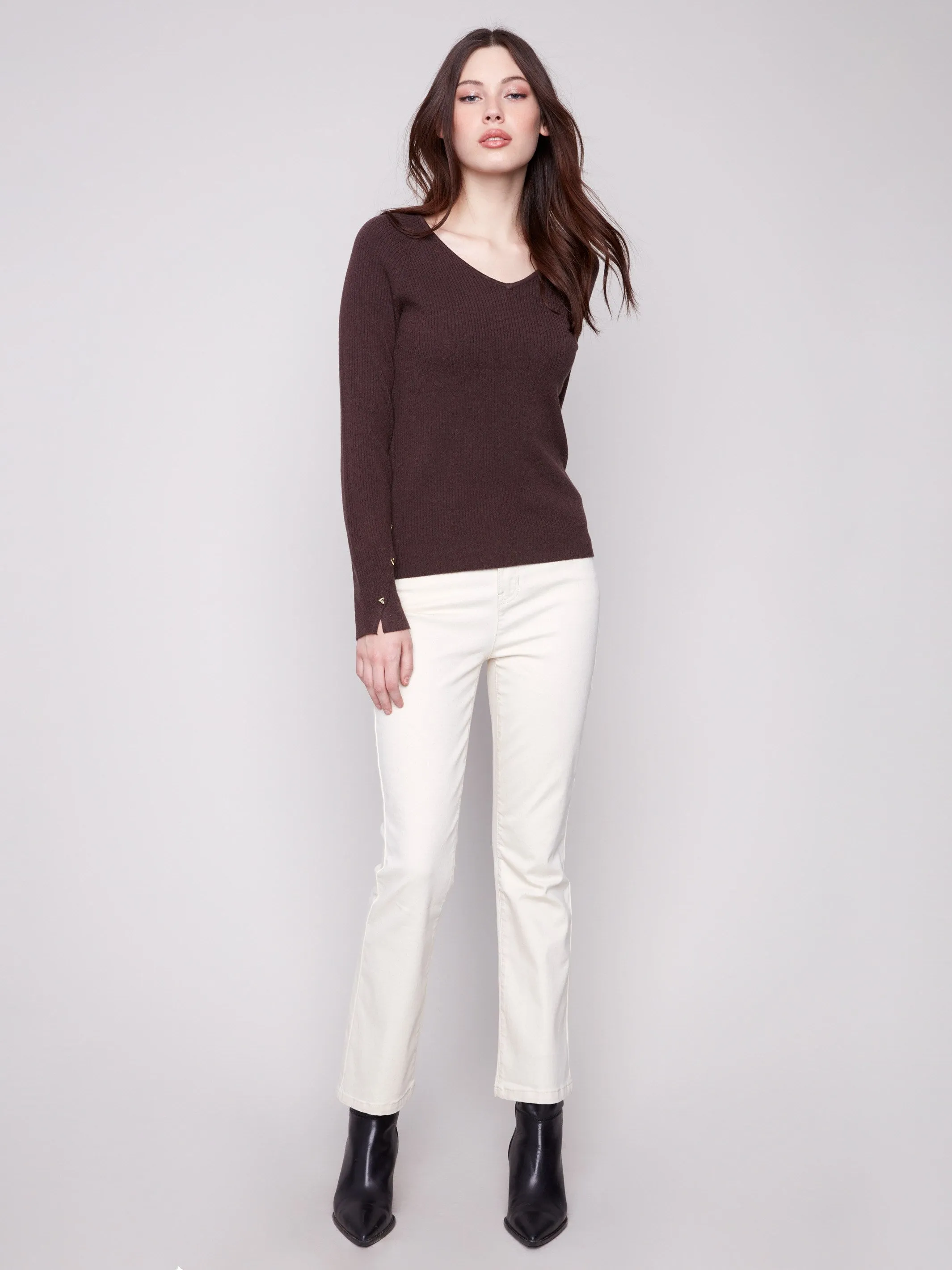 Ribbed V-Neck Sweater With Heart Rivets - Mocha Comfy Knitwear Cozy Knit