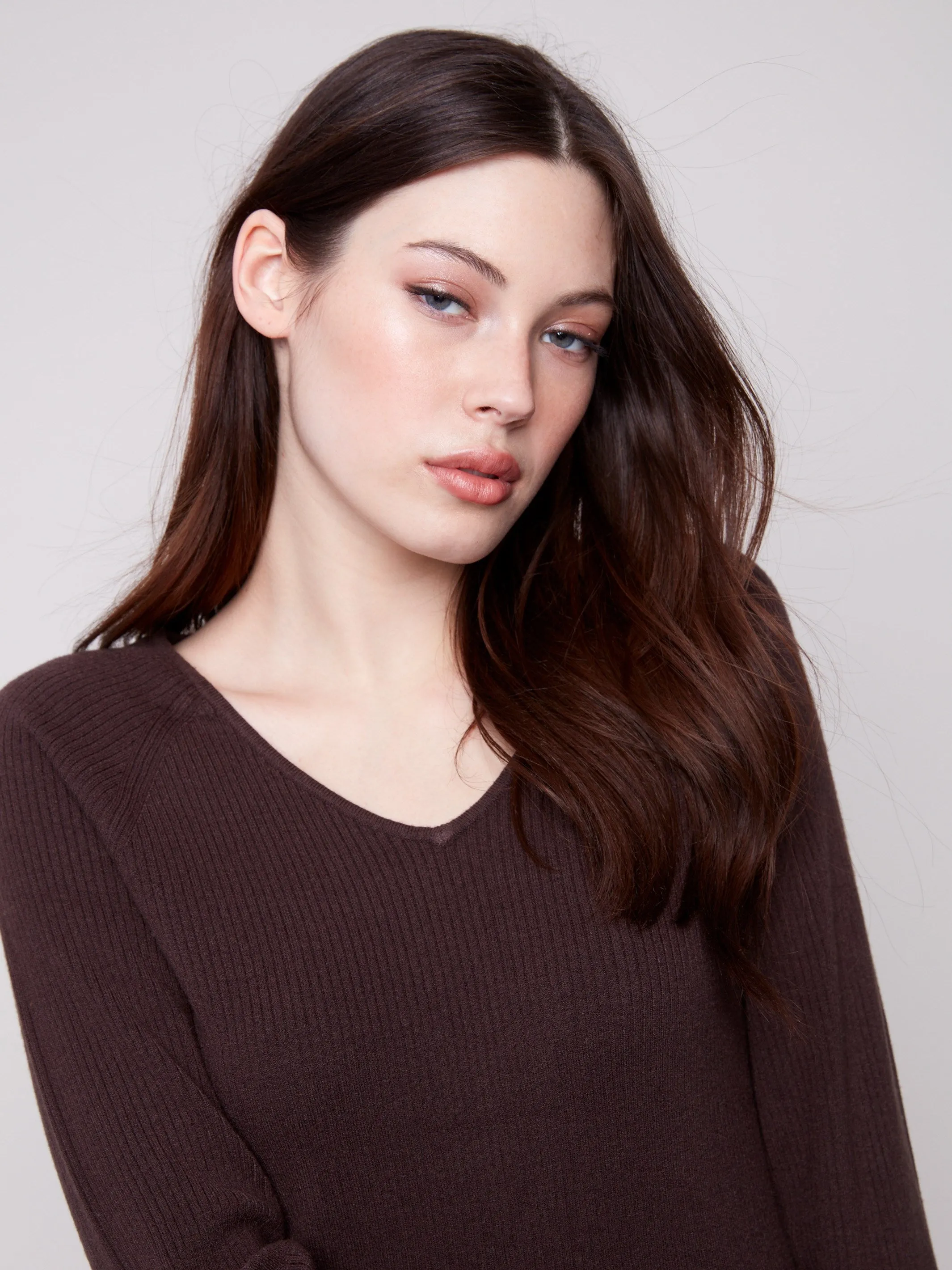 Soft Knit Design Ribbed V-Neck Sweater With Heart Rivets - Mocha