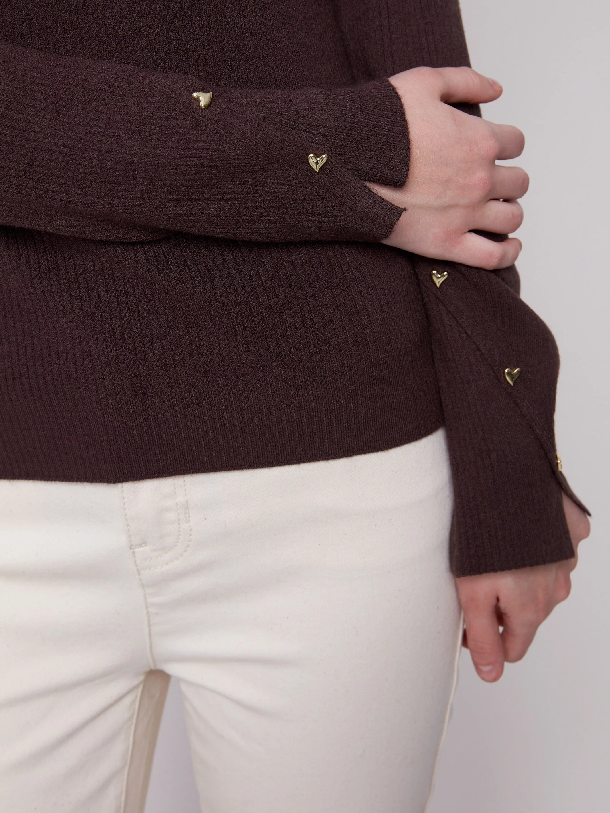 Warm Appeal Ribbed V-Neck Sweater With Heart Rivets - Mocha