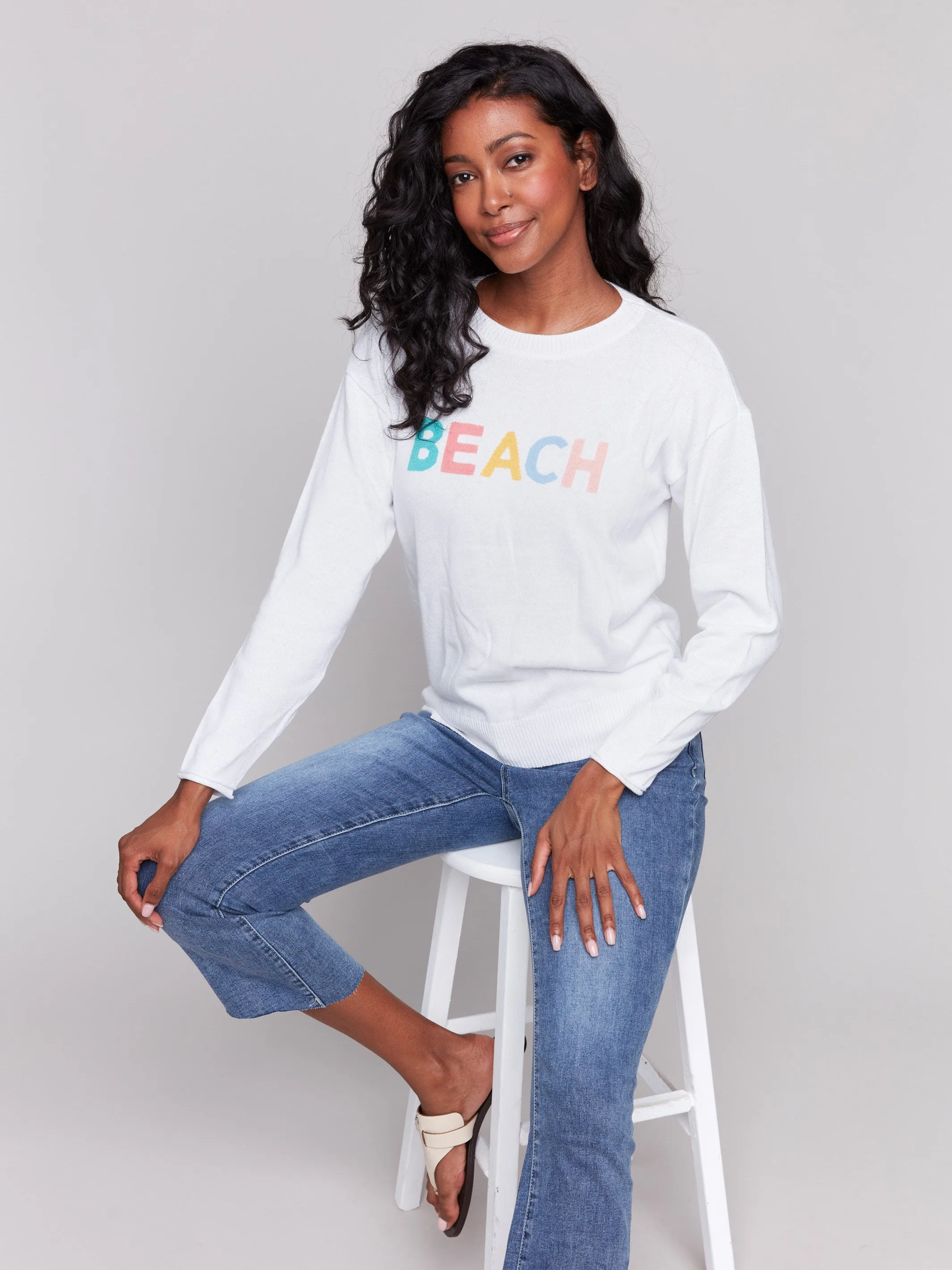 Cotton Knit Sweater with Beach Print - White Winter Knit Layer