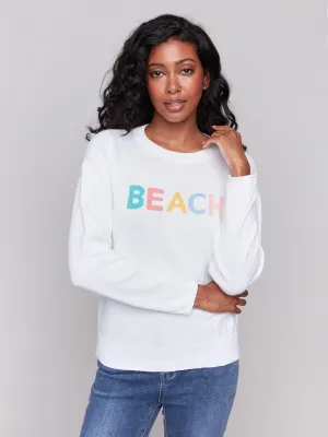 Cotton Knit Sweater with Beach Print - White Textured Weave Layered Fashion