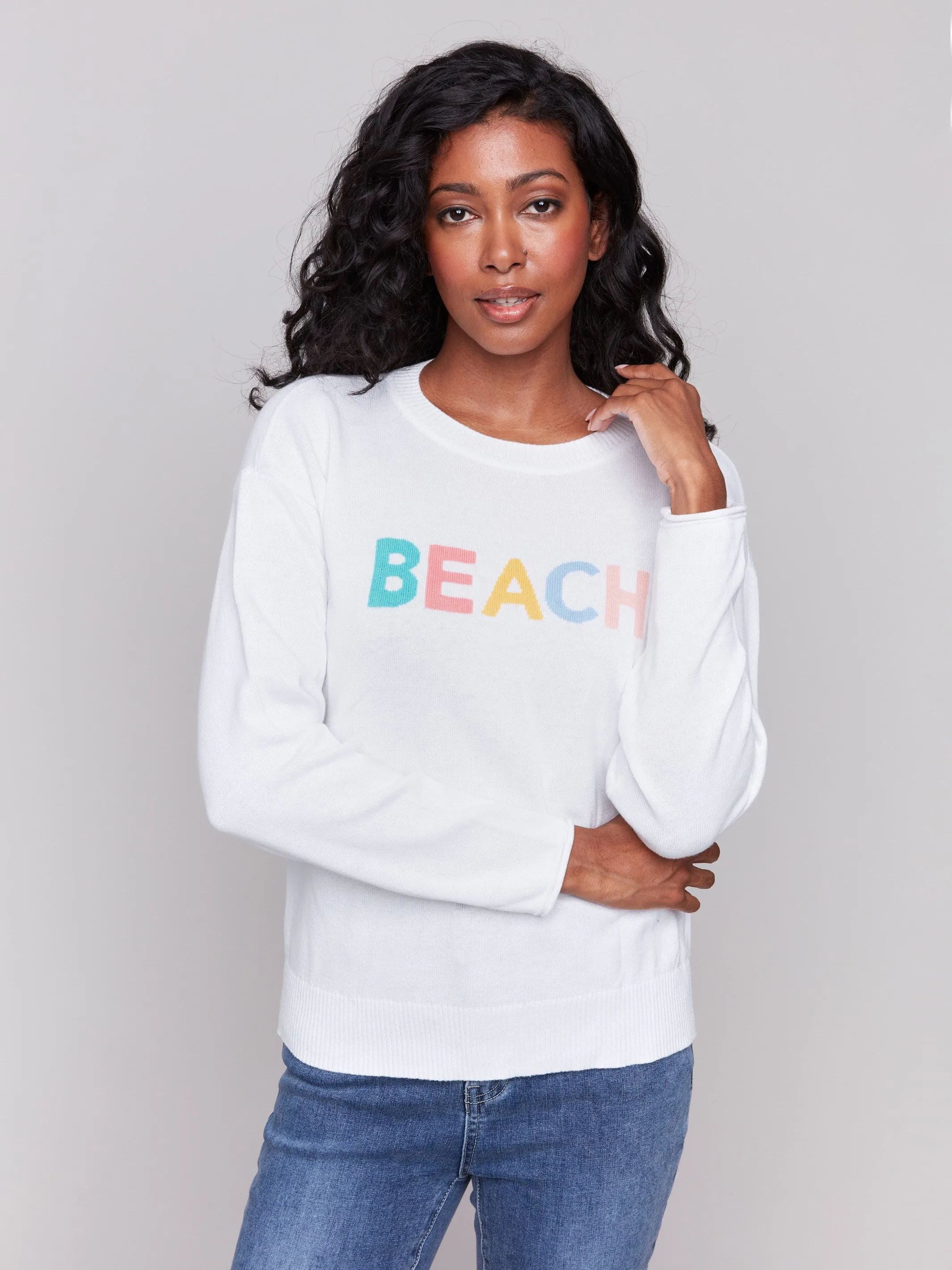Cotton Knit Sweater with Beach Print - White Textured Weave Layered Fashion