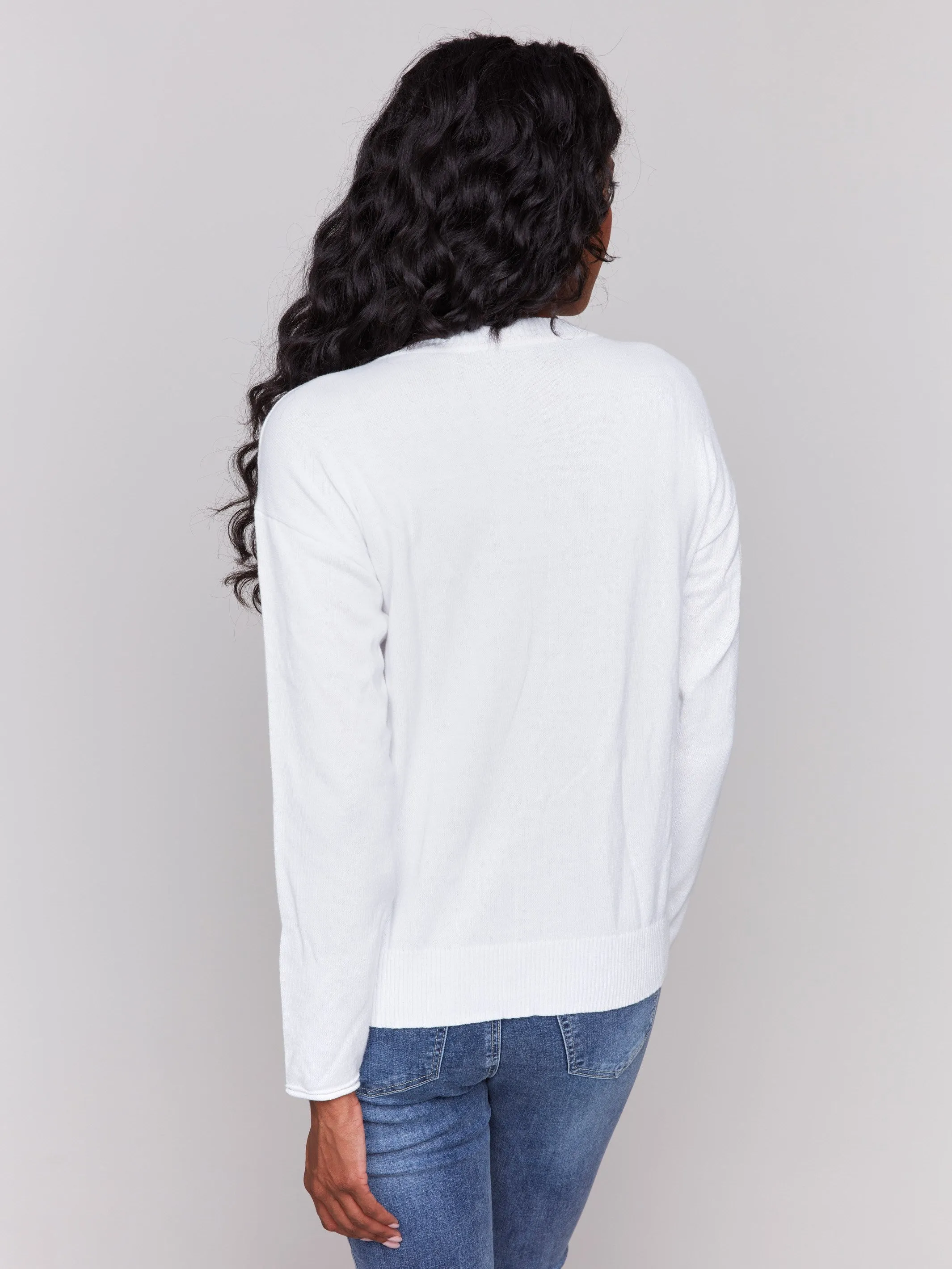 Multipanel Construction Fashion Forward Cotton Knit Sweater with Beach Print - White