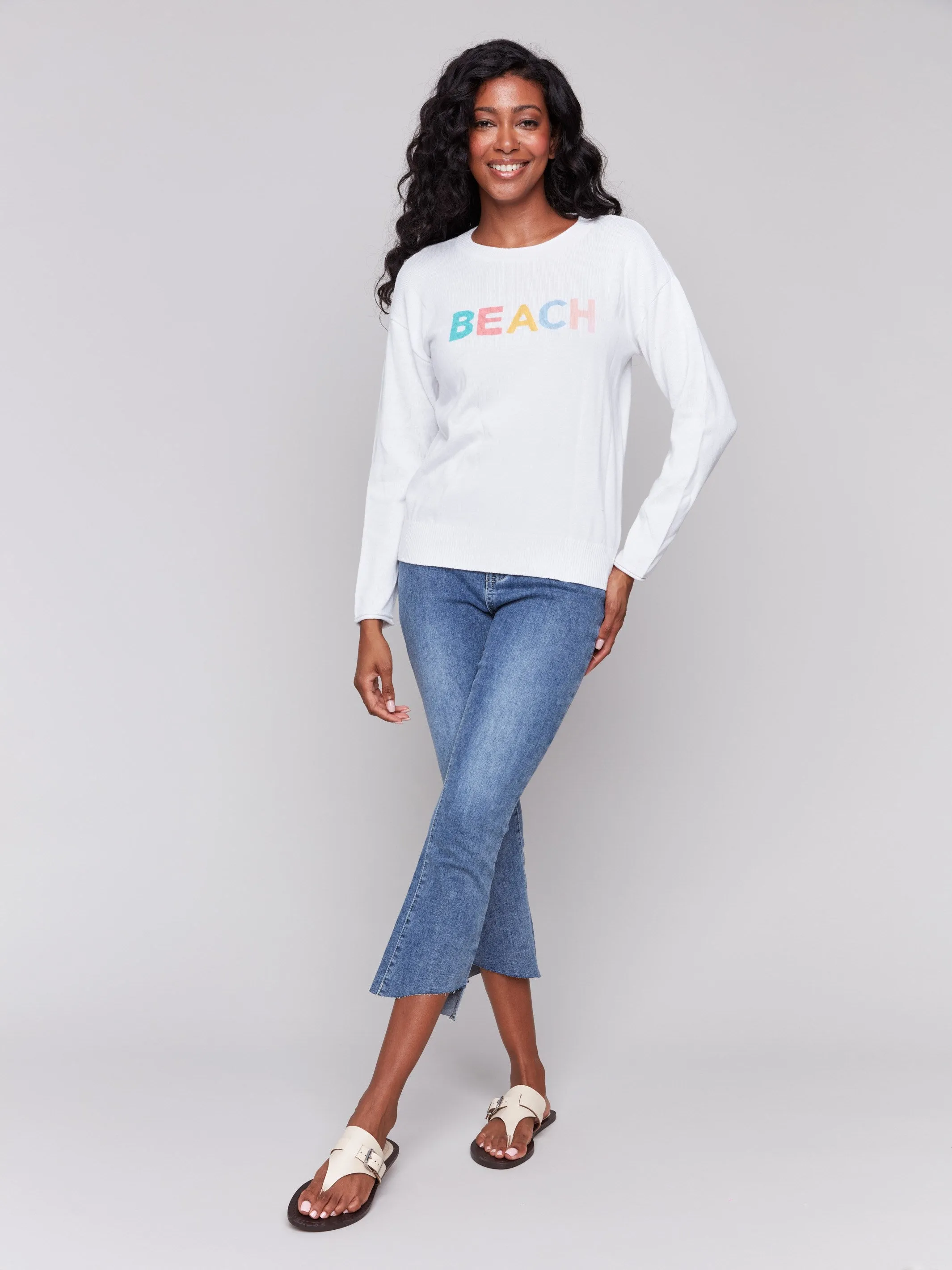 Knitted Look Cotton Knit Sweater with Beach Print - White
