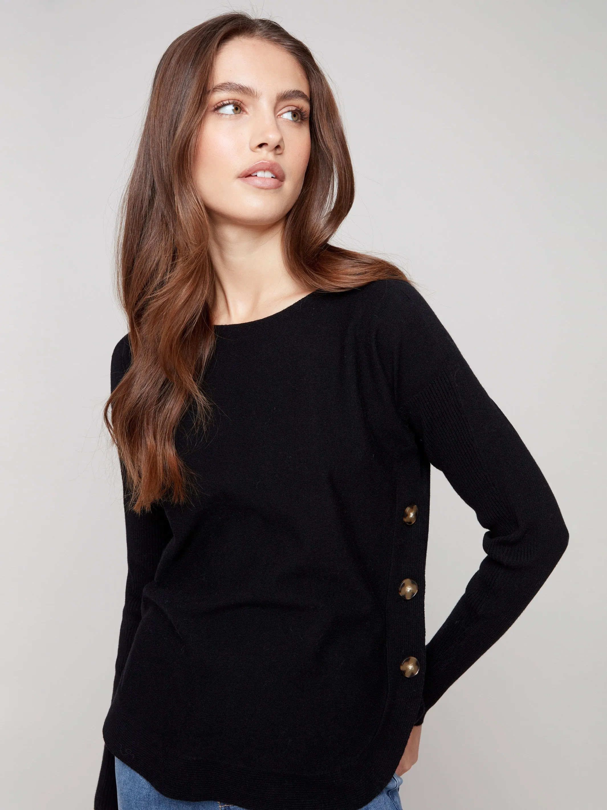 Stylish Knit Layer Boat Neck Sweater With Side Buttons - Black
