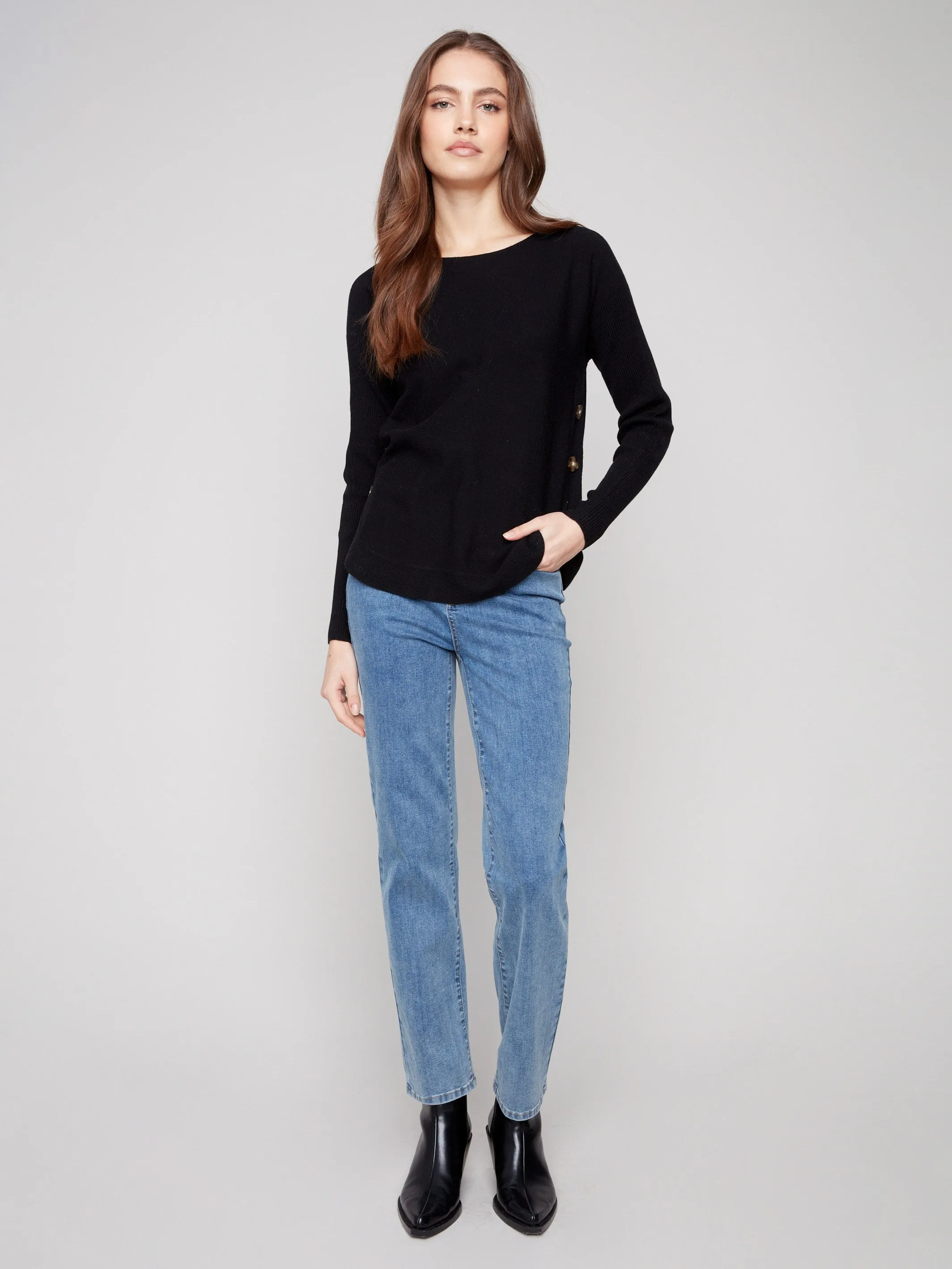 Boat Neck Sweater With Side Buttons - Black Winter Layering Look Trendy Knitwear