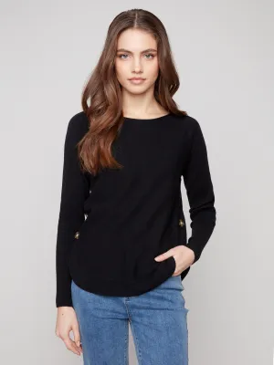 Boat Neck Sweater With Side Buttons - Black Essential Comfort