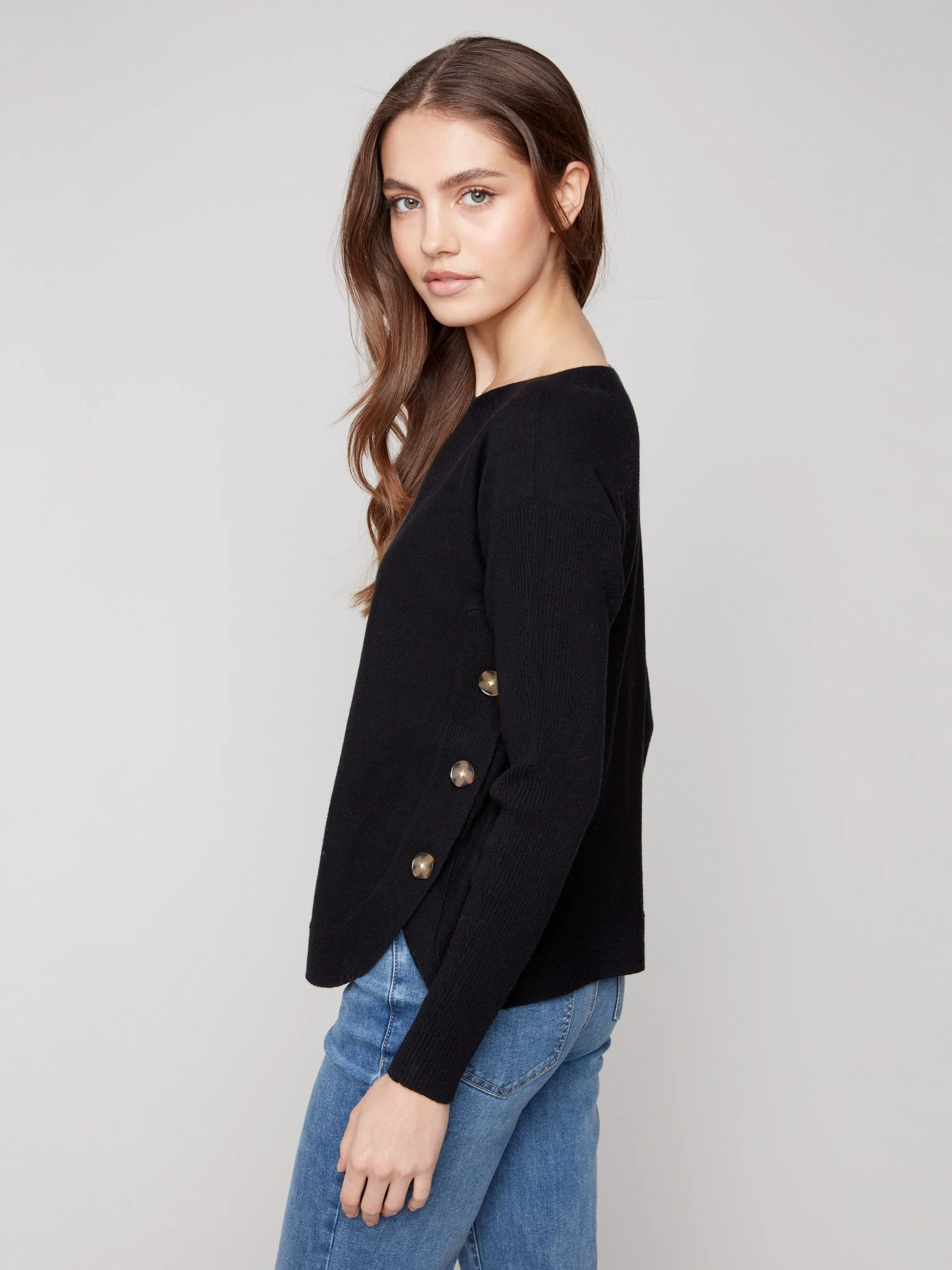 V neck Soft Wear Boat Neck Sweater With Side Buttons - Black