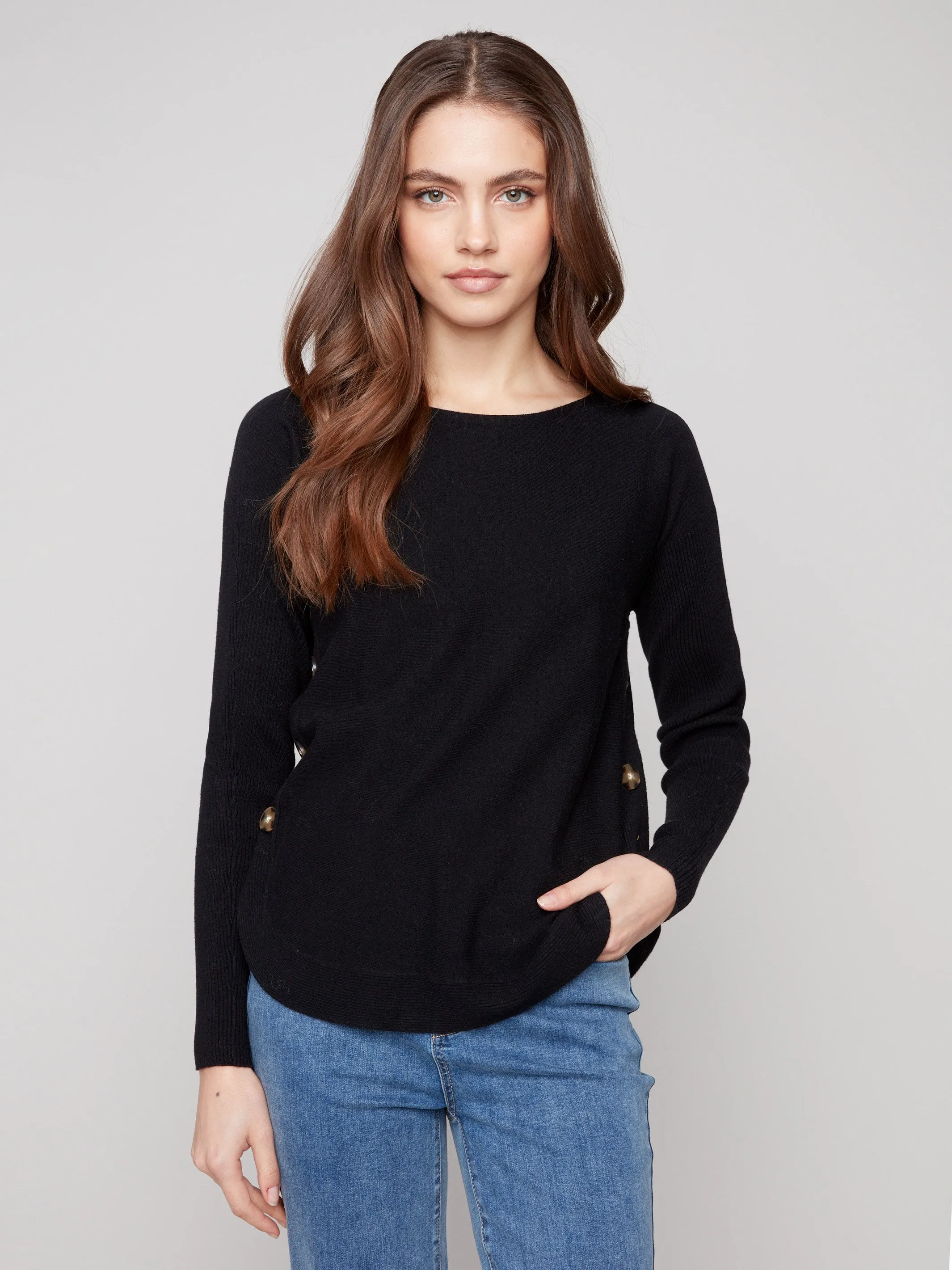 Boat Neck Sweater With Side Buttons - Black Essential Comfort
