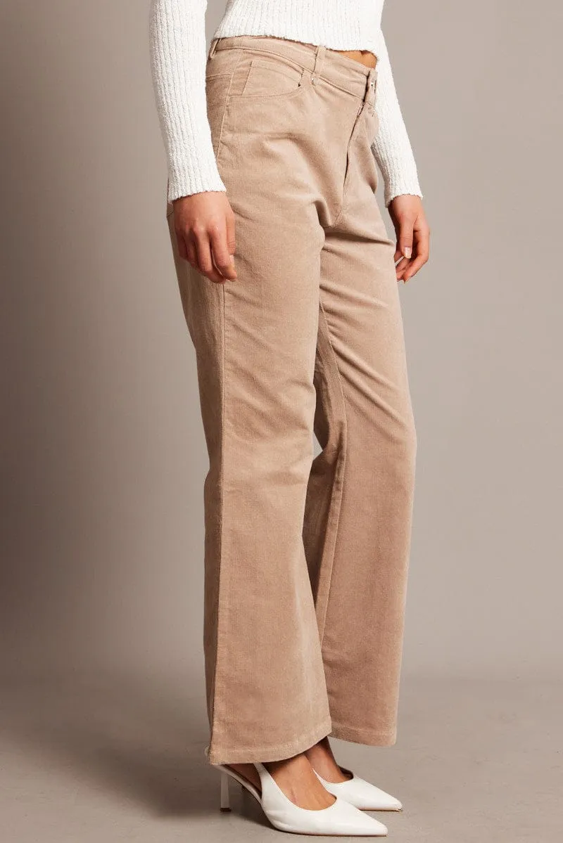 Beige Wide Leg Pants High Rise Corduroy Thermal Regulating Trendy Layering