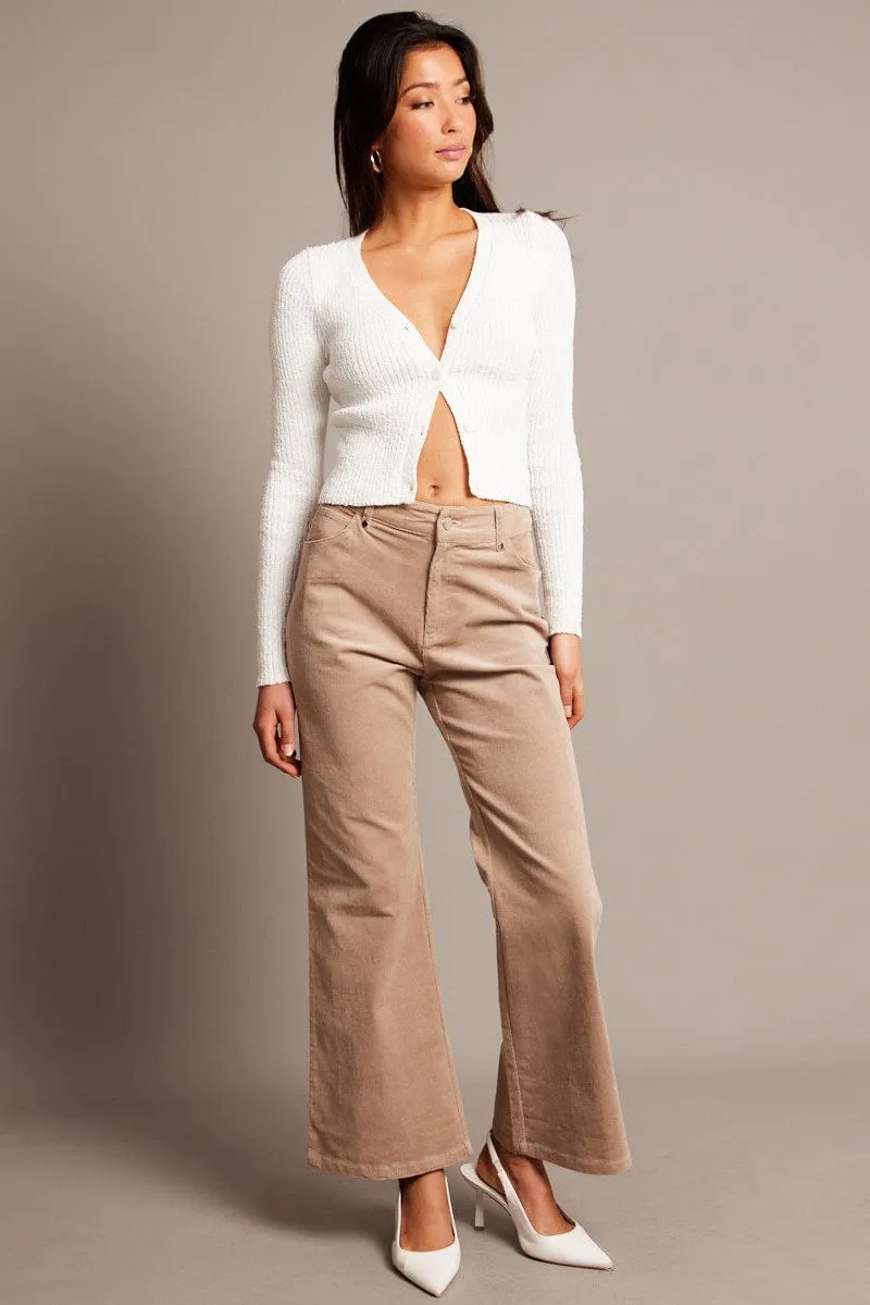 RecycledPolyester Beige Wide Leg Pants High Rise Corduroy