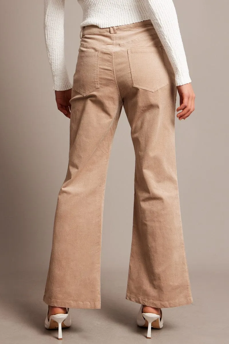 Quick drying material Beige Wide Leg Pants High Rise Corduroy