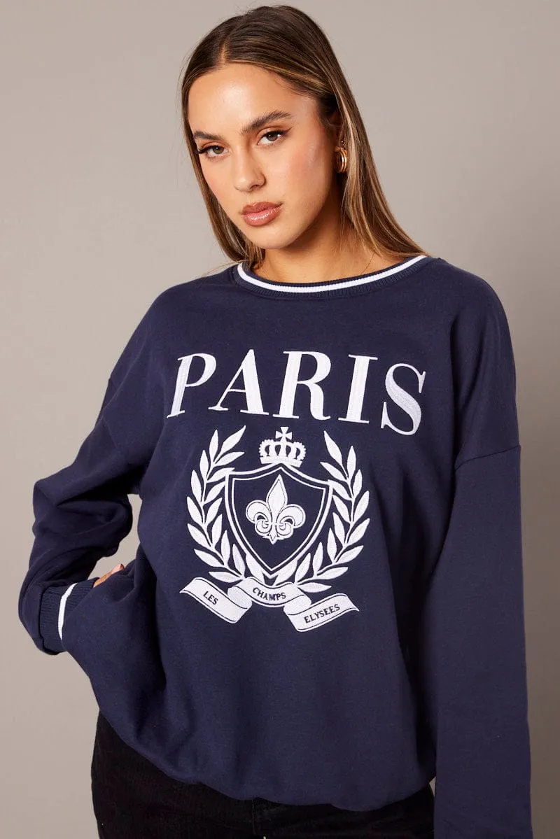 Blue Graphic Sweater Long Sleeve Front Pocket