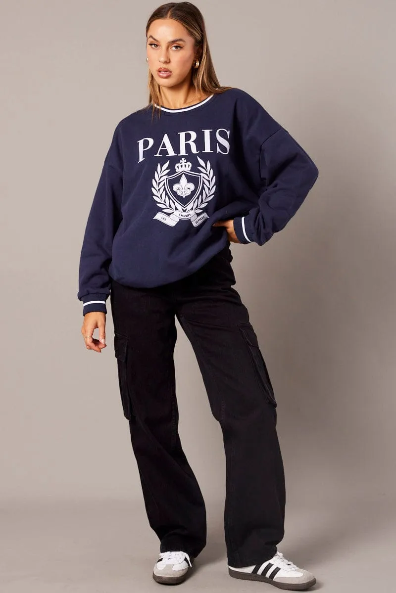 Blue Graphic Sweater Long Sleeve Urban Fit Timeless Comfort