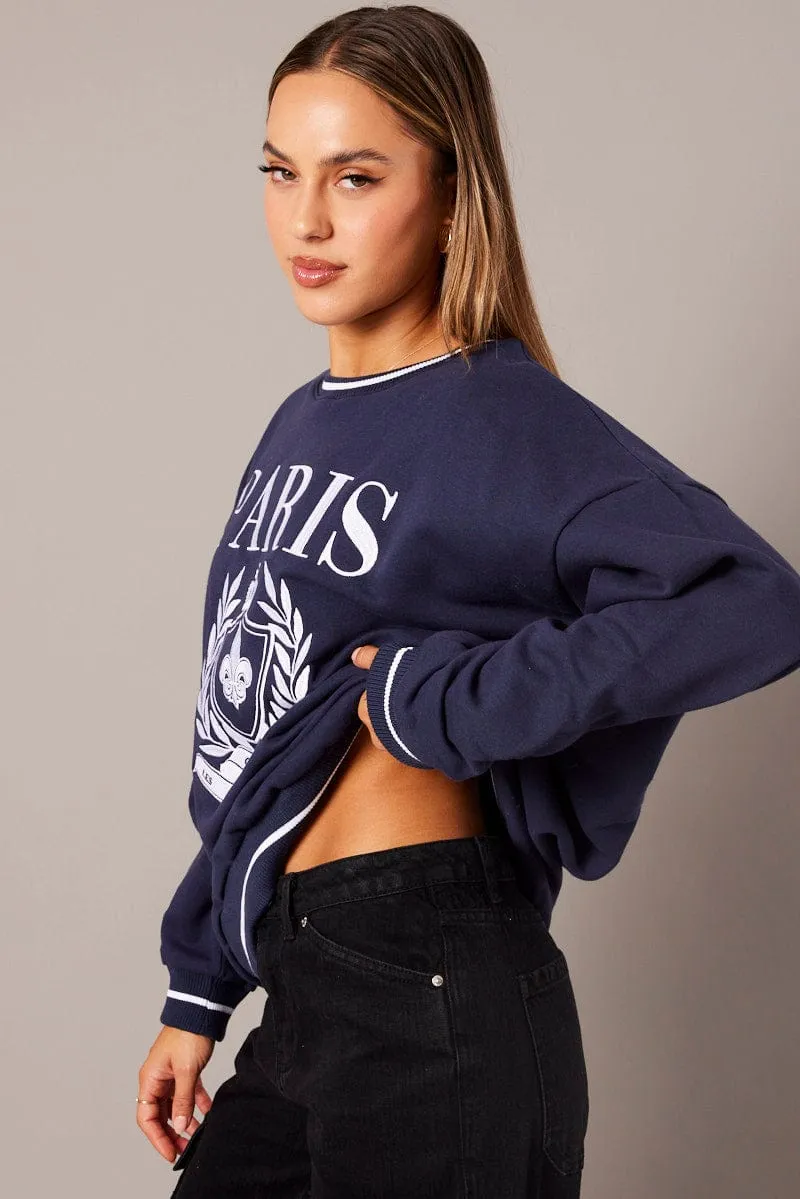 Satin Lining Blue Graphic Sweater Long Sleeve