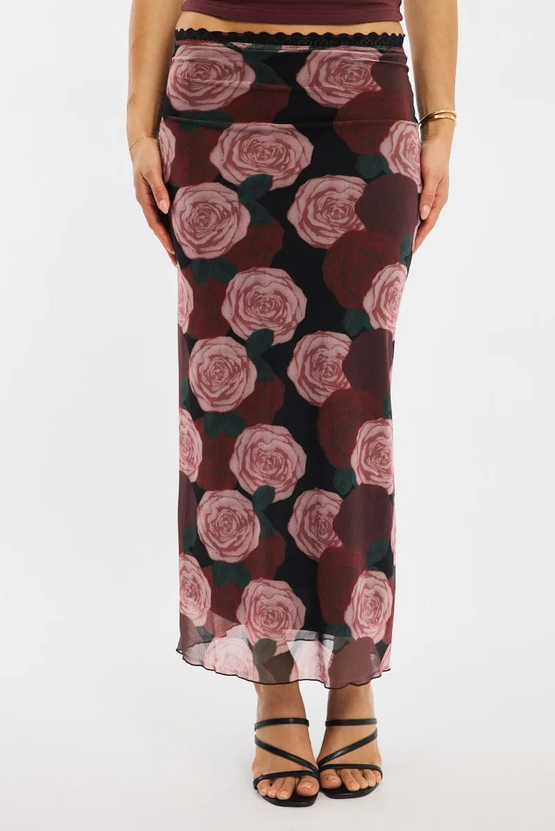 Tropical theme Black Floral Mesh Maxi Skirt Elastic Waist Lace Trim Detail