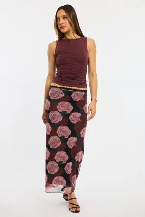 Fresh Look Black Floral Mesh Maxi Skirt Elastic Waist Lace Trim Detail