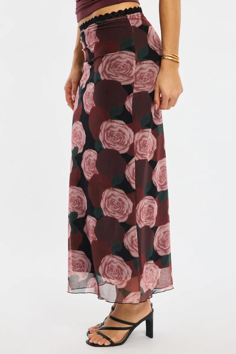 Button Details Slip Resistant Waistband Black Floral Mesh Maxi Skirt Elastic Waist Lace Trim Detail