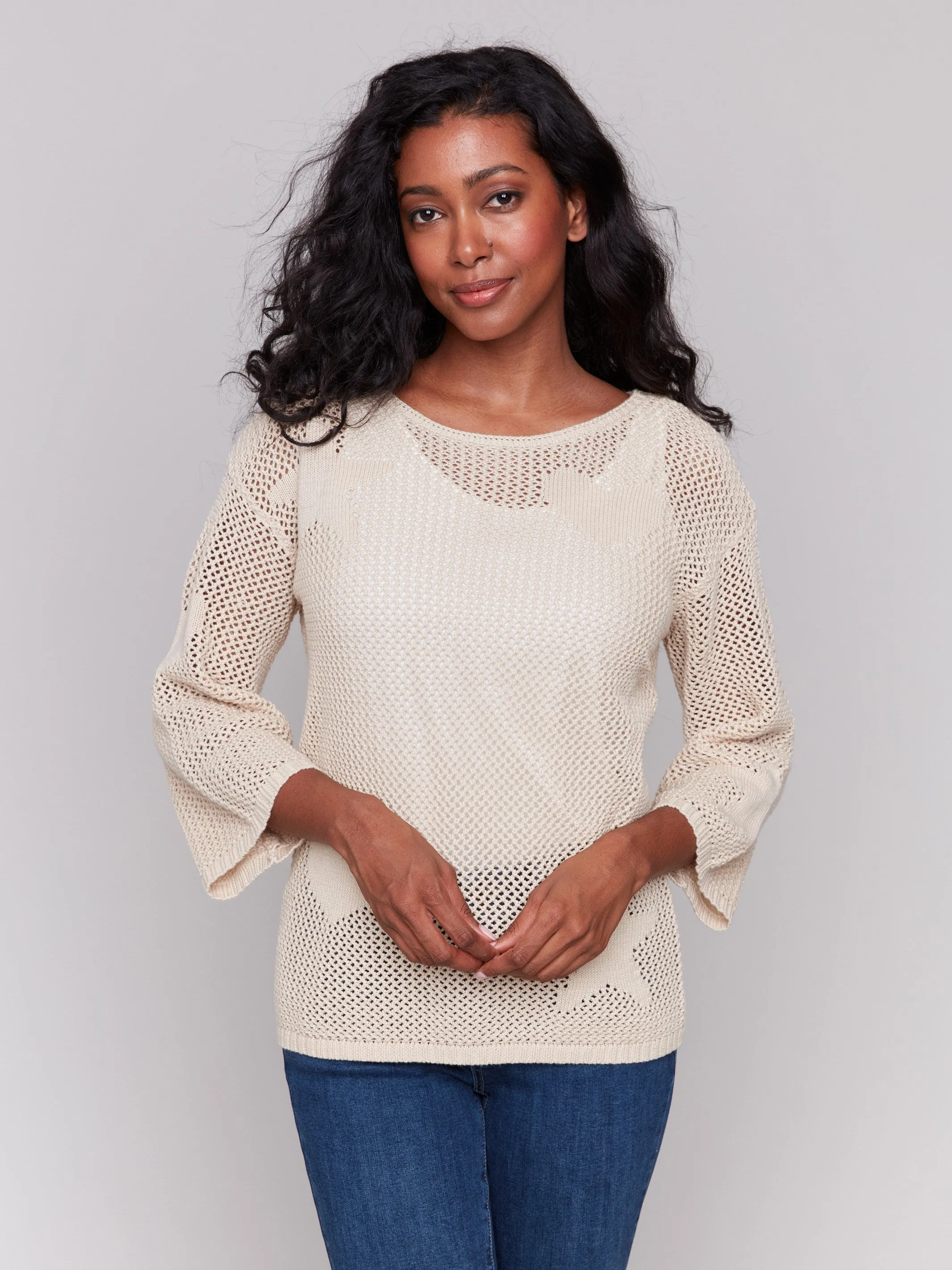 Jacquard Knit Crochet Sweater - Natural Breathable knit Knitted Look