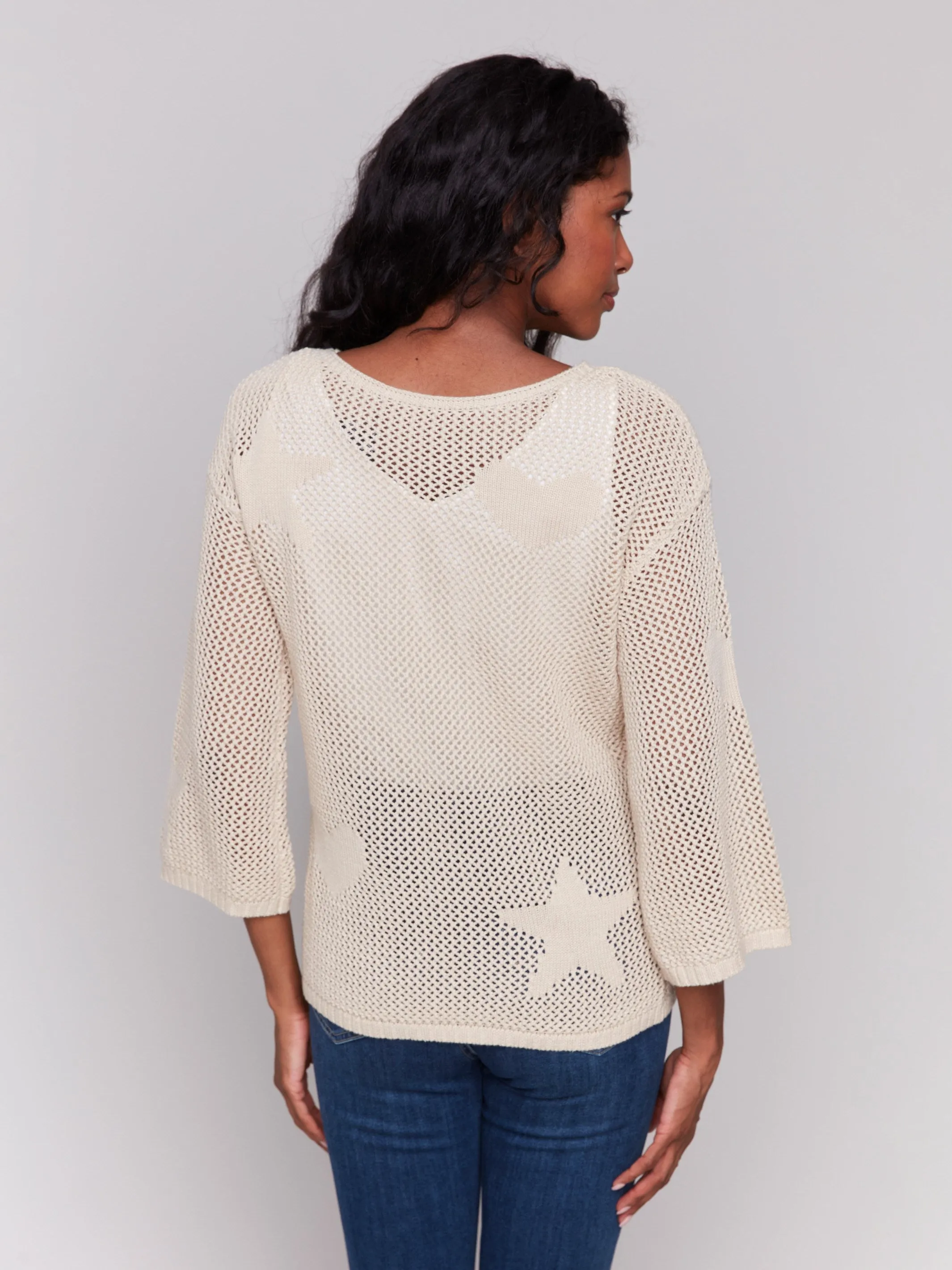 Non Restrictive Armhole Jacquard Knit Crochet Sweater - Natural